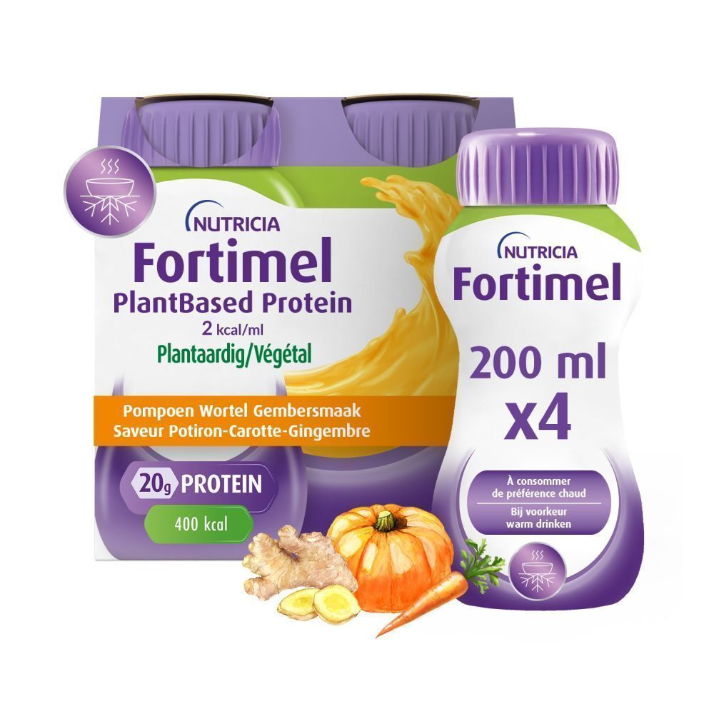 Product en ingrediënten. Fles Nutricia Fortimel PlantBased Protein. Pompoen, wortel, gember.