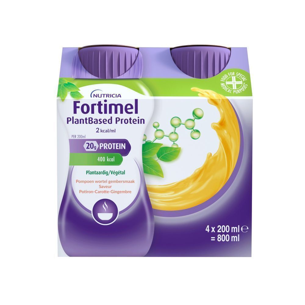Fles Nutricia Fortimel PlantBased Protein. Opschrift: 20% Eiwit, 400 kcal. Smaak: Pompoen-wortel-gember.