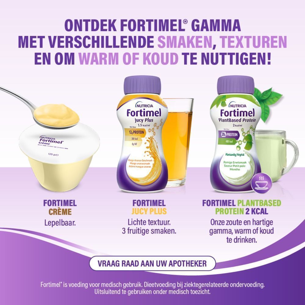 Productoverzicht. Flessen en bekers. Opschrift: Fortimel. Verschillende smaken.
