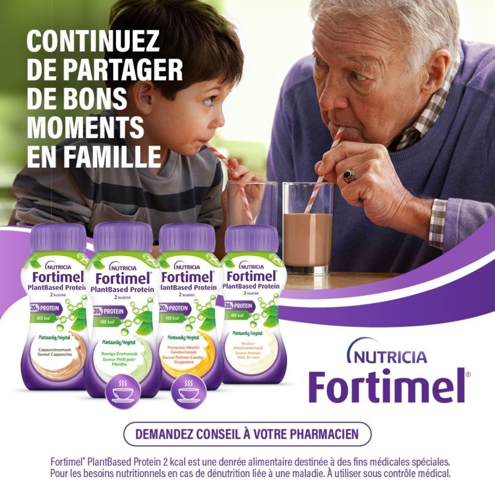 Famille buvant Fortimel. Bouteilles avec inscription: Nutricia Fortimel. Différentes saveurs.