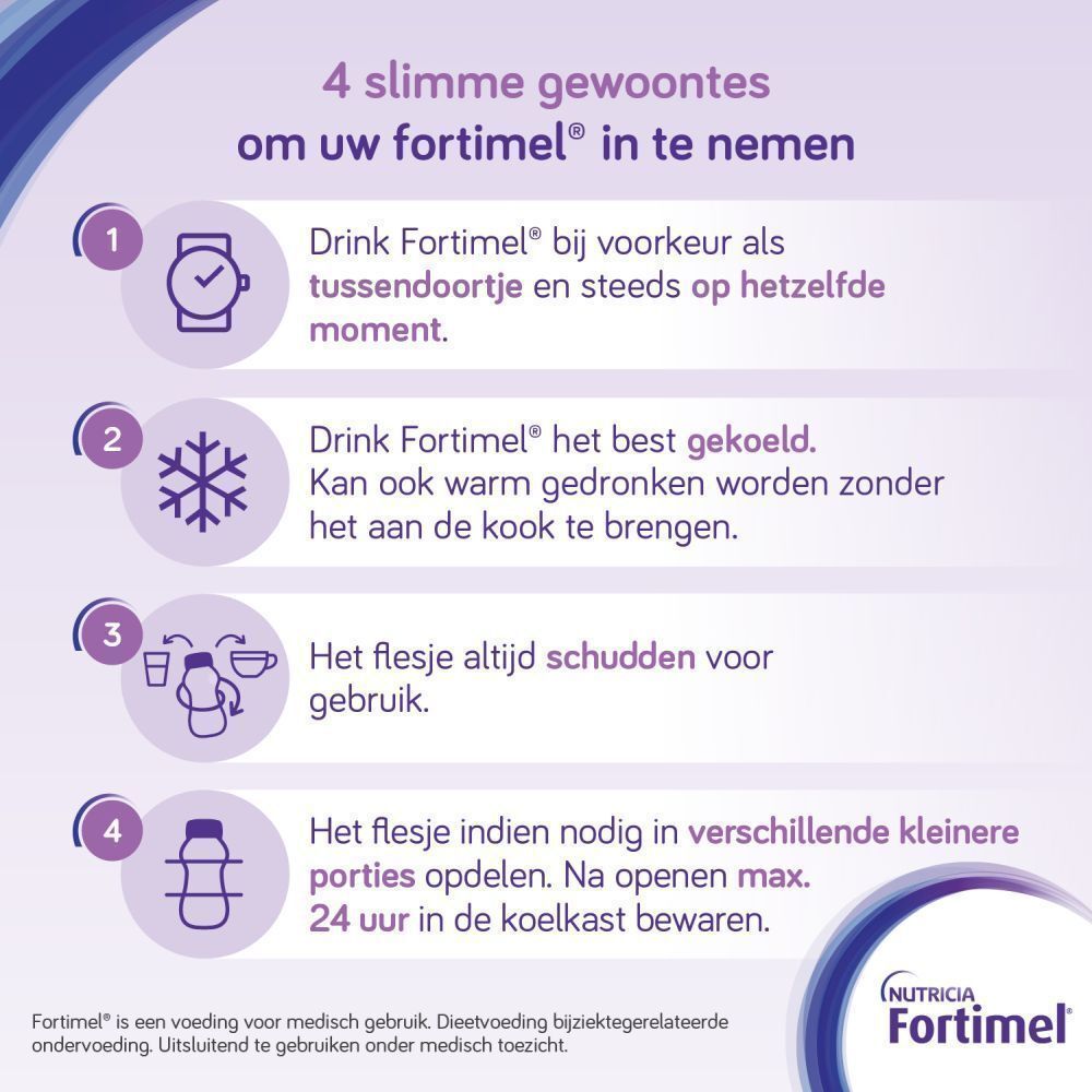 Tips voor het gebruik van Fortimel. 4 tips met symbolen en tekst.
