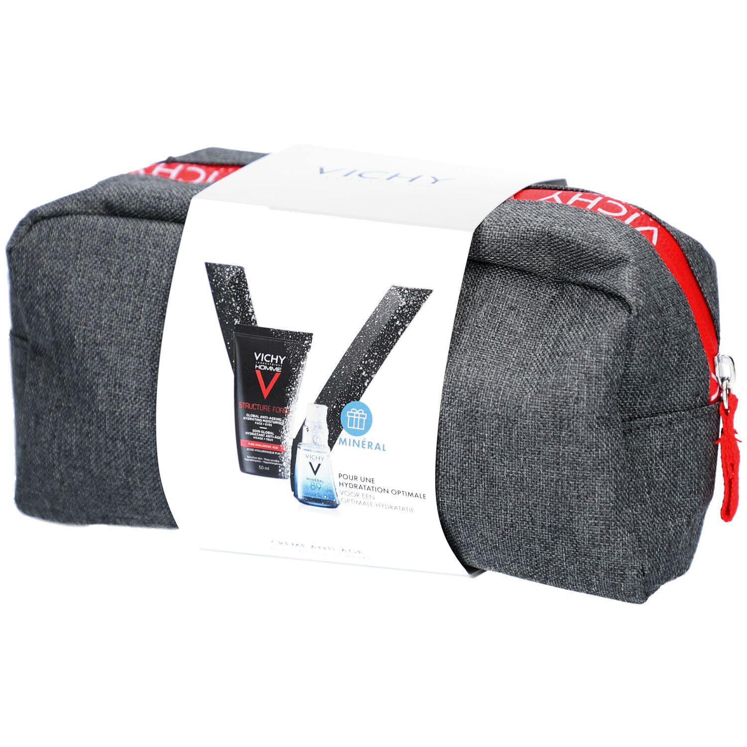 Trousse de toilette grise avec fermeture éclair rouge et logo Vichy. Contient deux produits et un emballage avec informations.