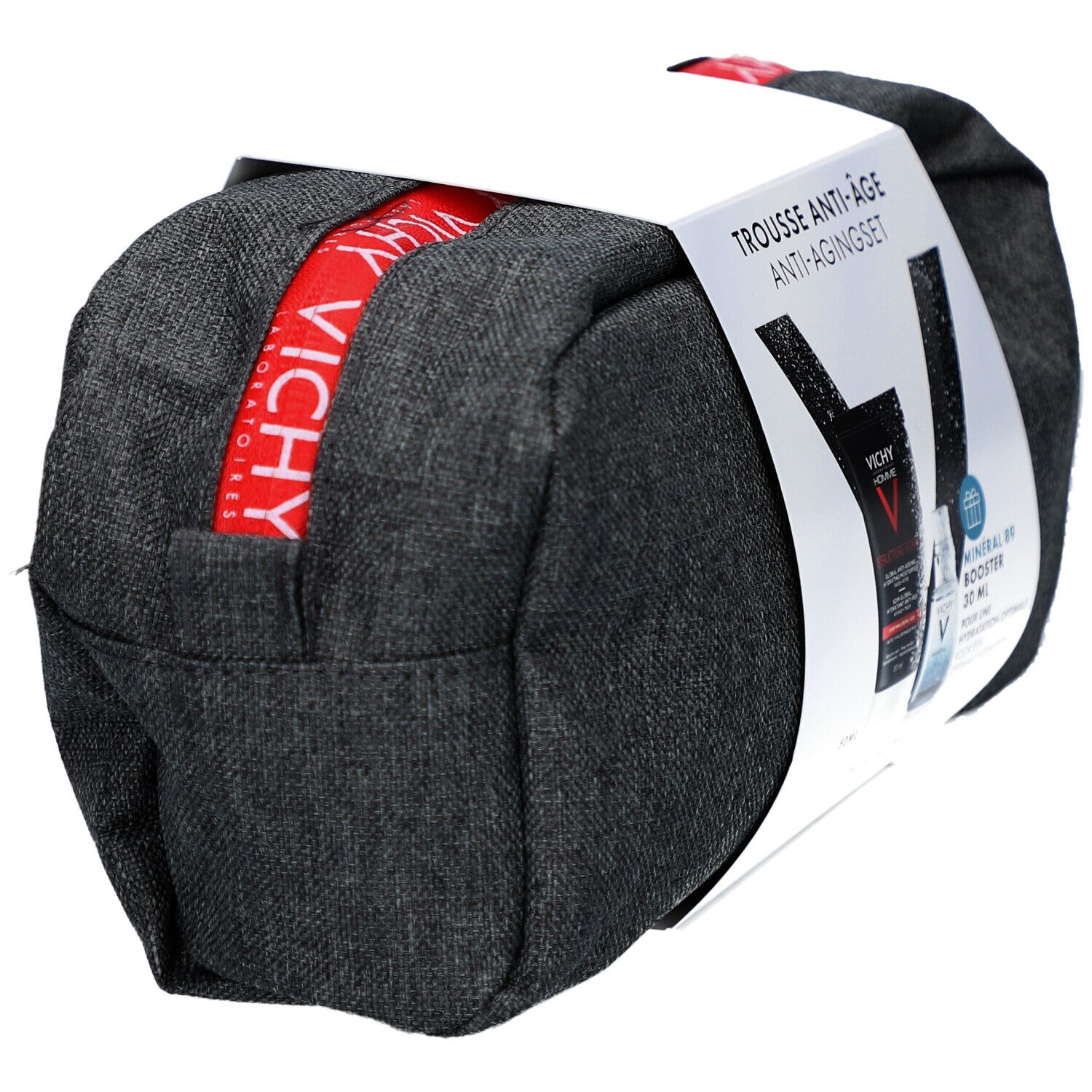 Trousse de toilette grise avec fermeture éclair rouge et logo Vichy. Emballage avec noms et images de produits.