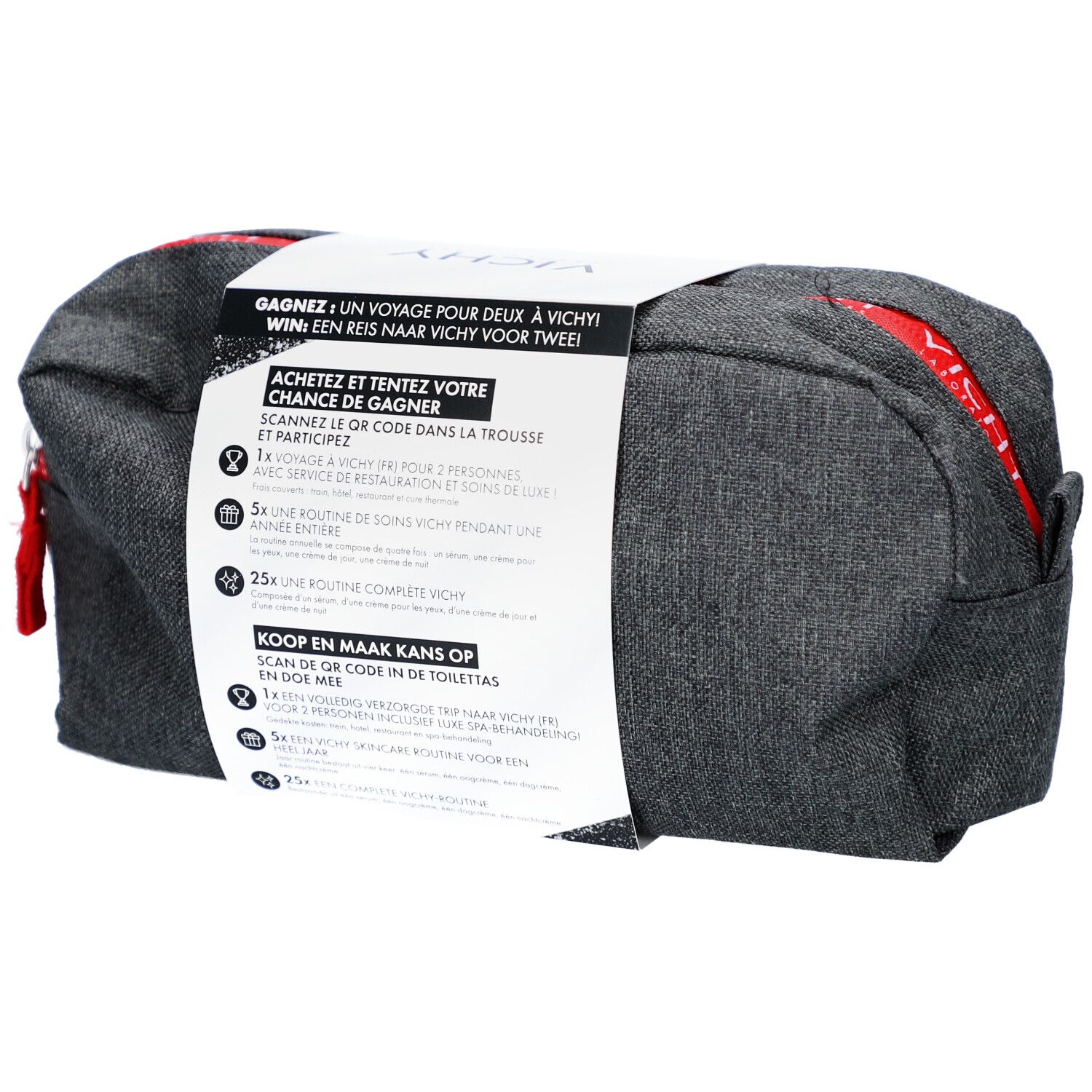 Trousse de toilette grise avec fermeture éclair rouge. Emballage avec informations de concours en français et néerlandais.
