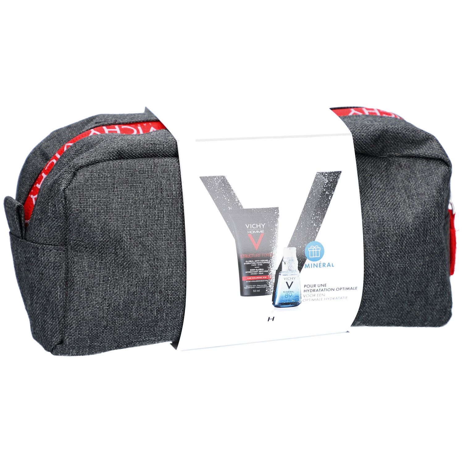 Trousse de toilette grise avec fermeture éclair rouge et logo Vichy. Emballage avec noms et images de produits.