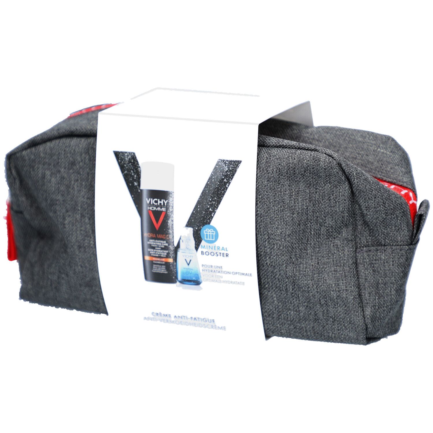 Trousse de toilette grise avec un encart blanc. L'encart présente deux produits et le logo VICHY.