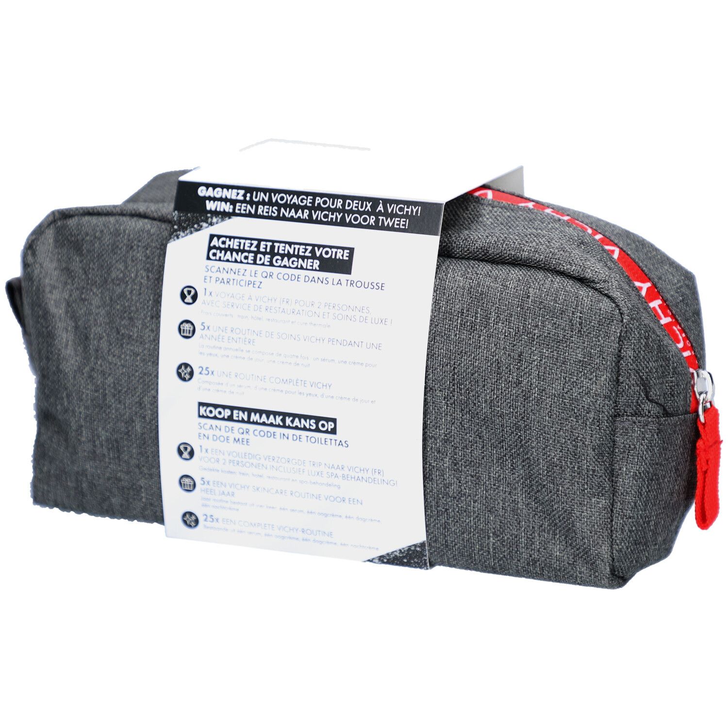 Trousse de toilette grise avec fermeture éclair rouge et encart blanc. Texte en français et néerlandais sur l'encart.
