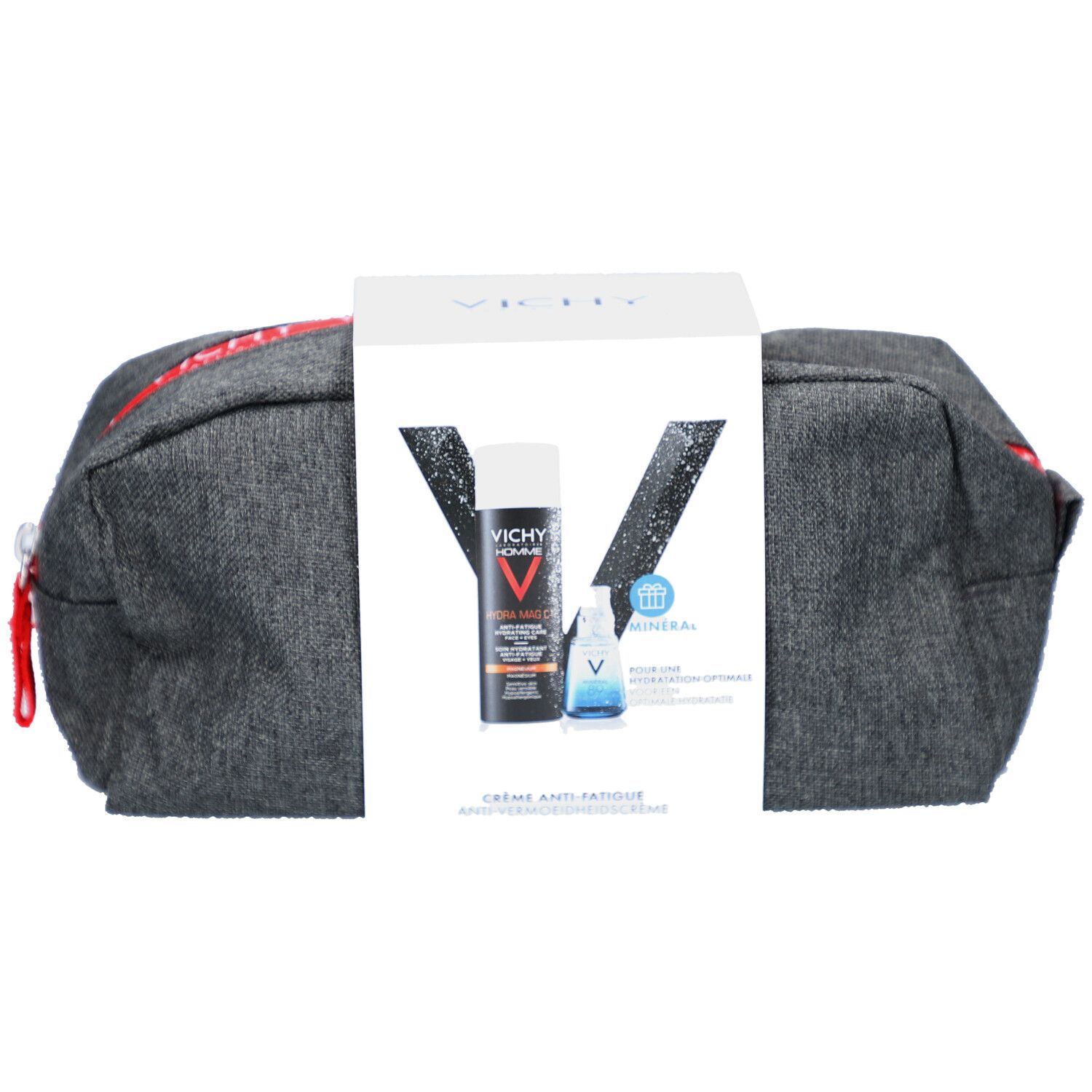 Trousse de toilette grise avec un encart blanc. L'encart présente deux produits et le logo VICHY.
