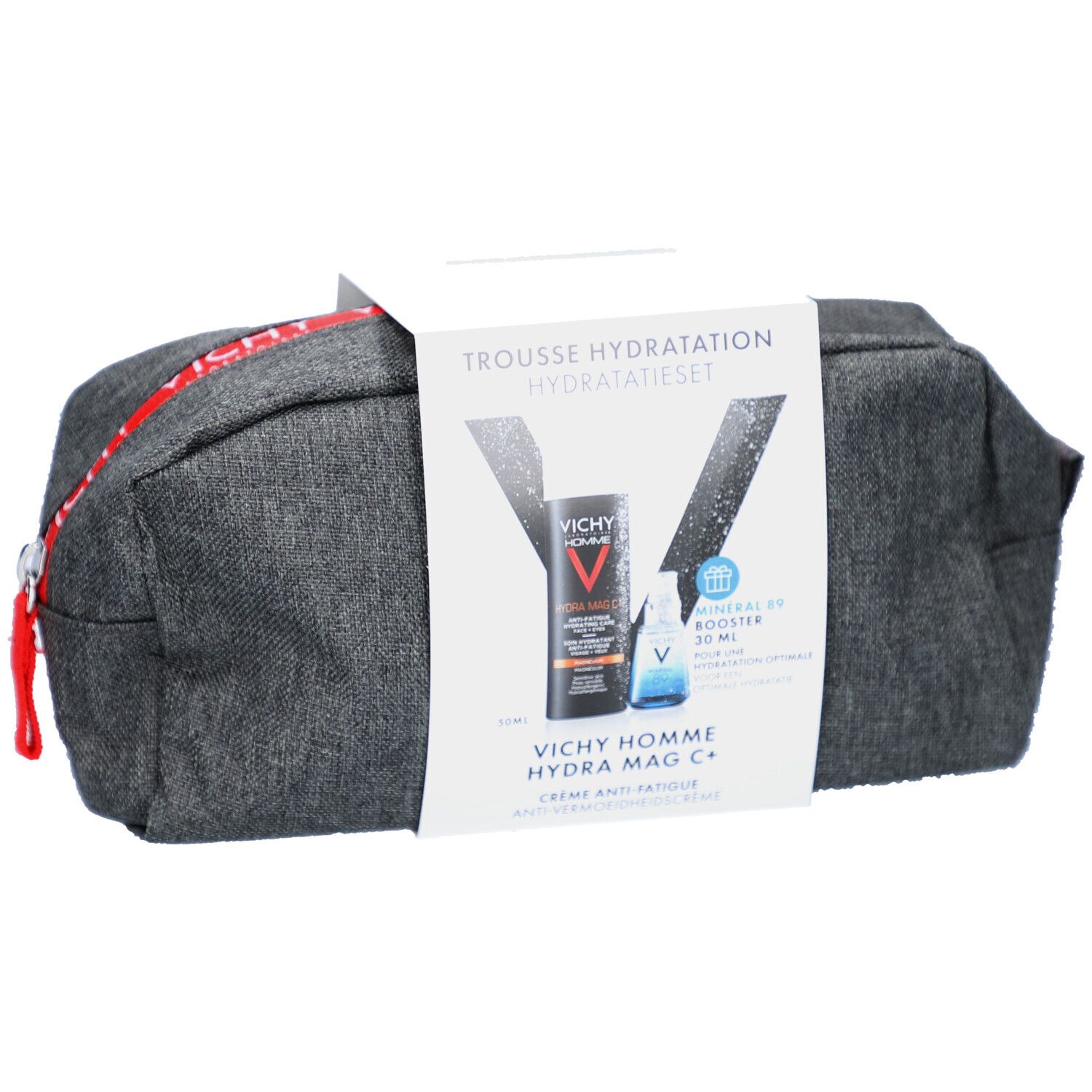 Trousse de toilette grise avec un encart blanc. L'encart présente deux produits et le logo VICHY.