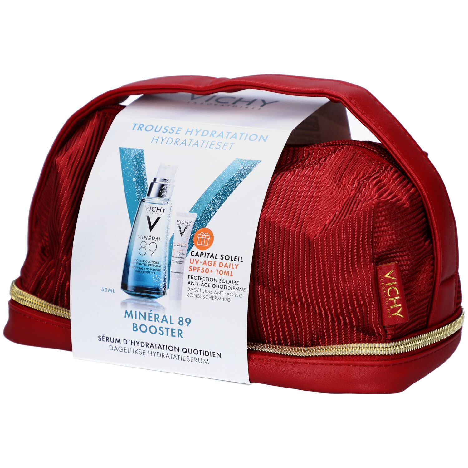 Rode toilettas met handvat en ritssluiting. Bevat twee producten en een productkaart. Vichy-logo zichtbaar.