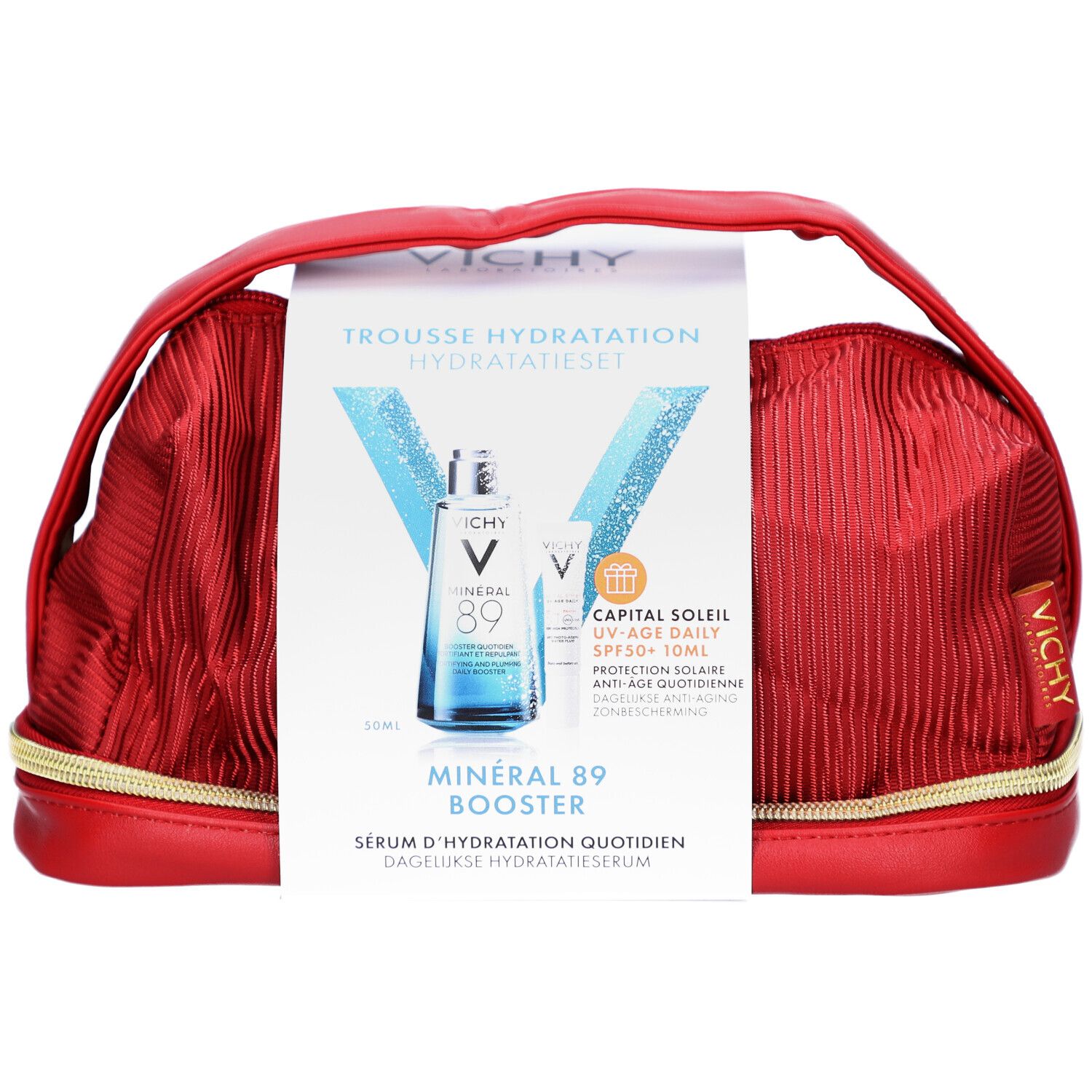 Rode toilettas met handvat en ritssluiting. Bevat twee producten en een productkaart. Vichy-logo zichtbaar.
