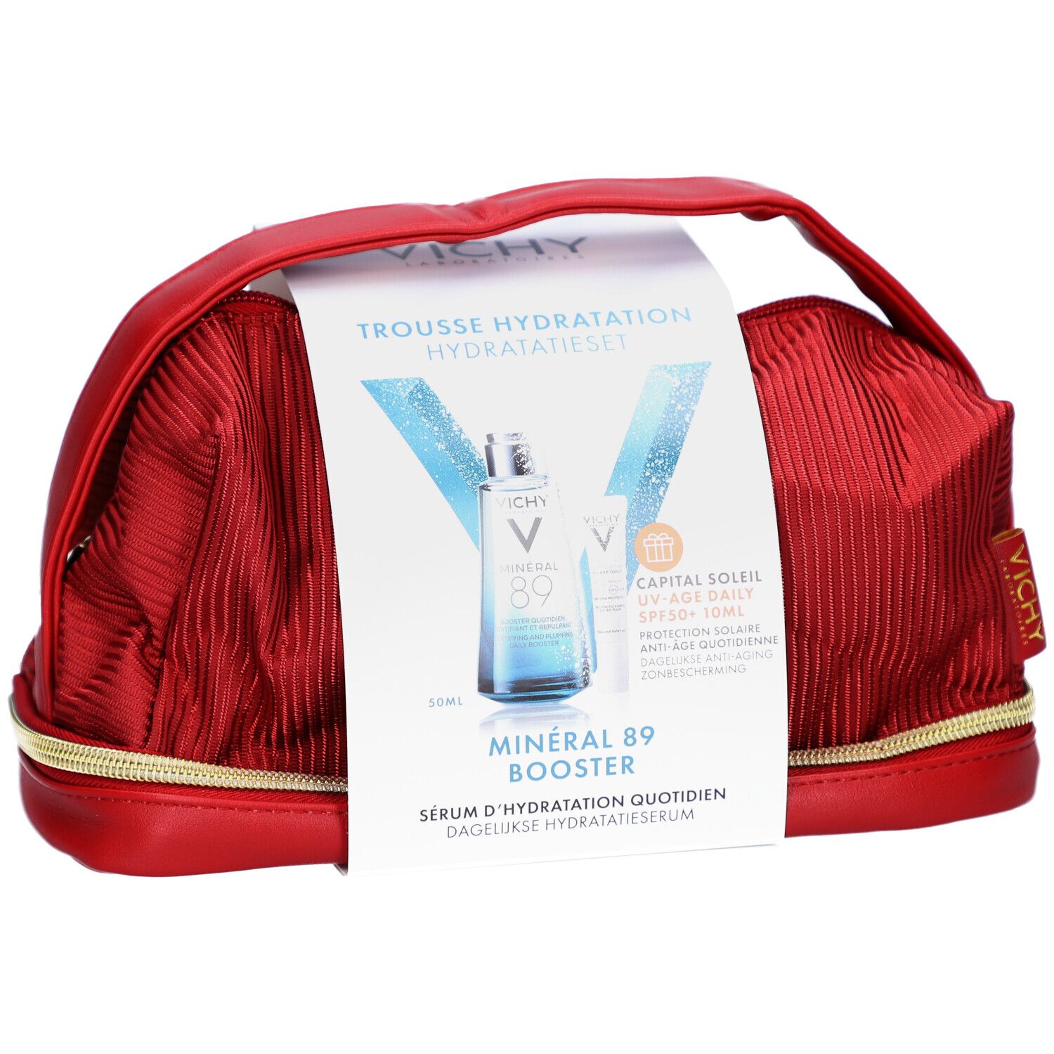 Rode toilettas met handvat en ritssluiting. Bevat twee producten en een productkaart. Vichy-logo zichtbaar.