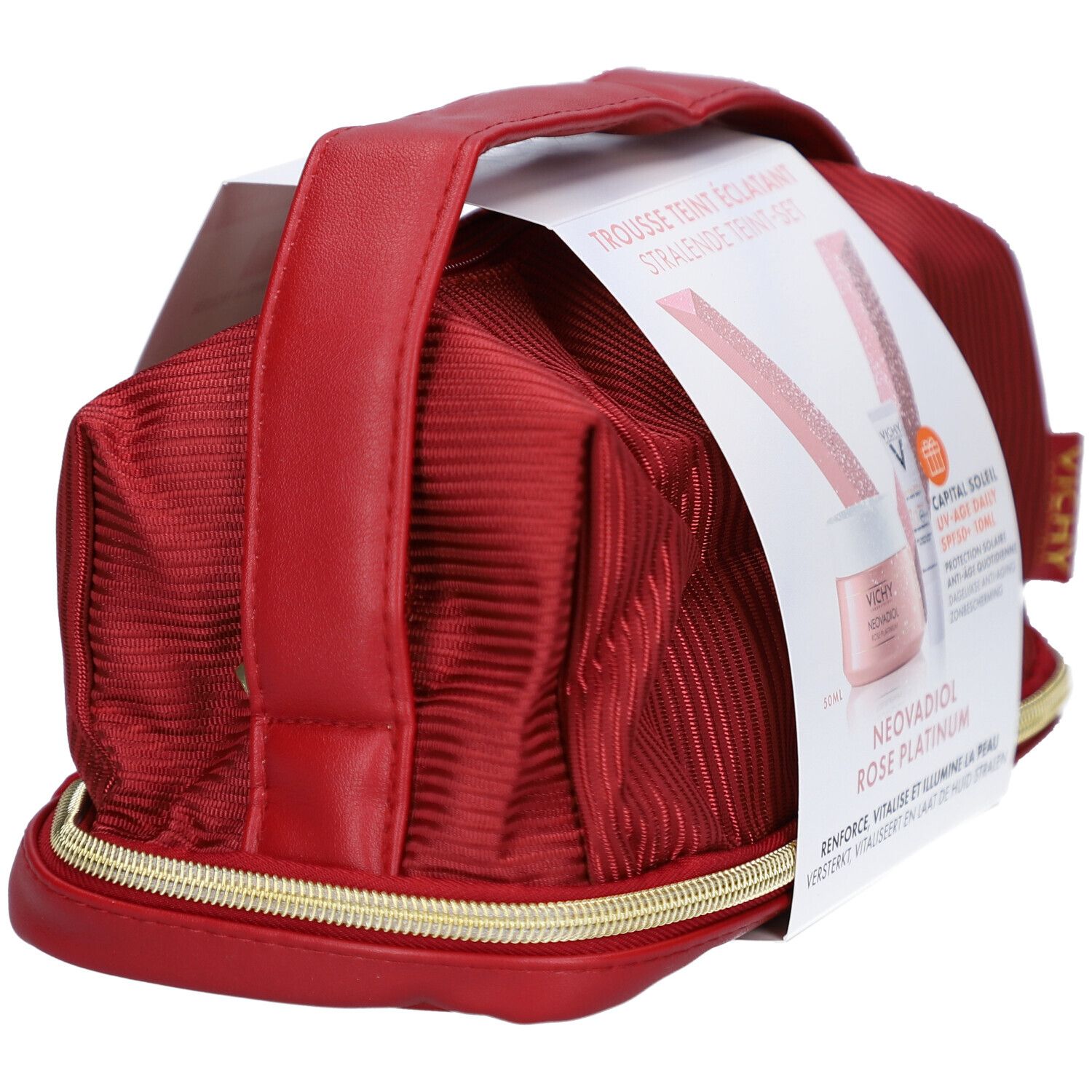 Trousse de toilette rouge avec fermeture éclair dorée et poignée. Carte produit avec logo et texte Vichy.