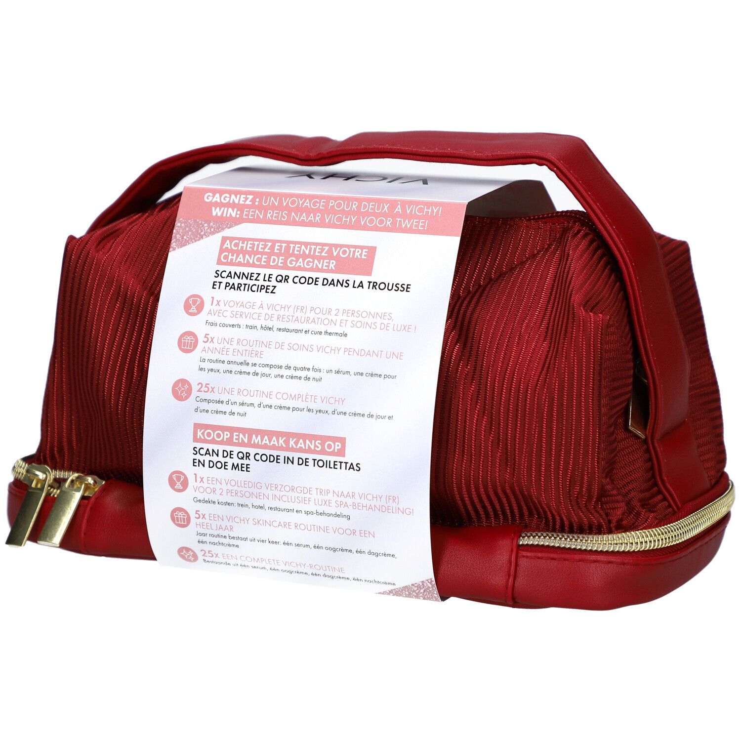 Trousse de toilette rouge avec fermeture éclair dorée. Carte produit avec texte et code QR. Logo Vichy.