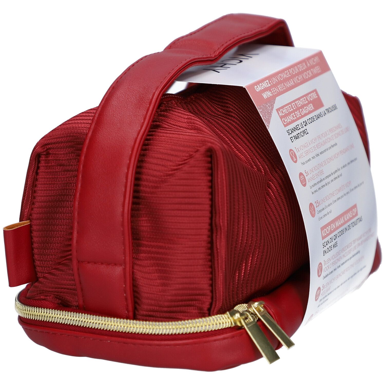 Trousse de toilette rouge avec fermeture éclair dorée. Carte produit avec texte et code QR. Logo Vichy.