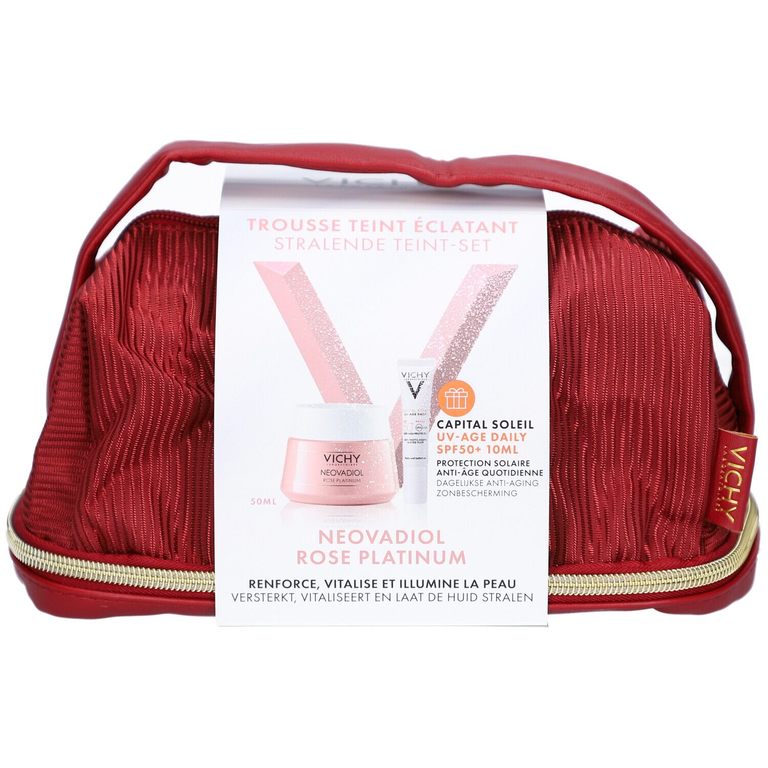Trousse de toilette rouge avec fermeture éclair dorée. Contient des produits et une carte. Logo Vichy visible.