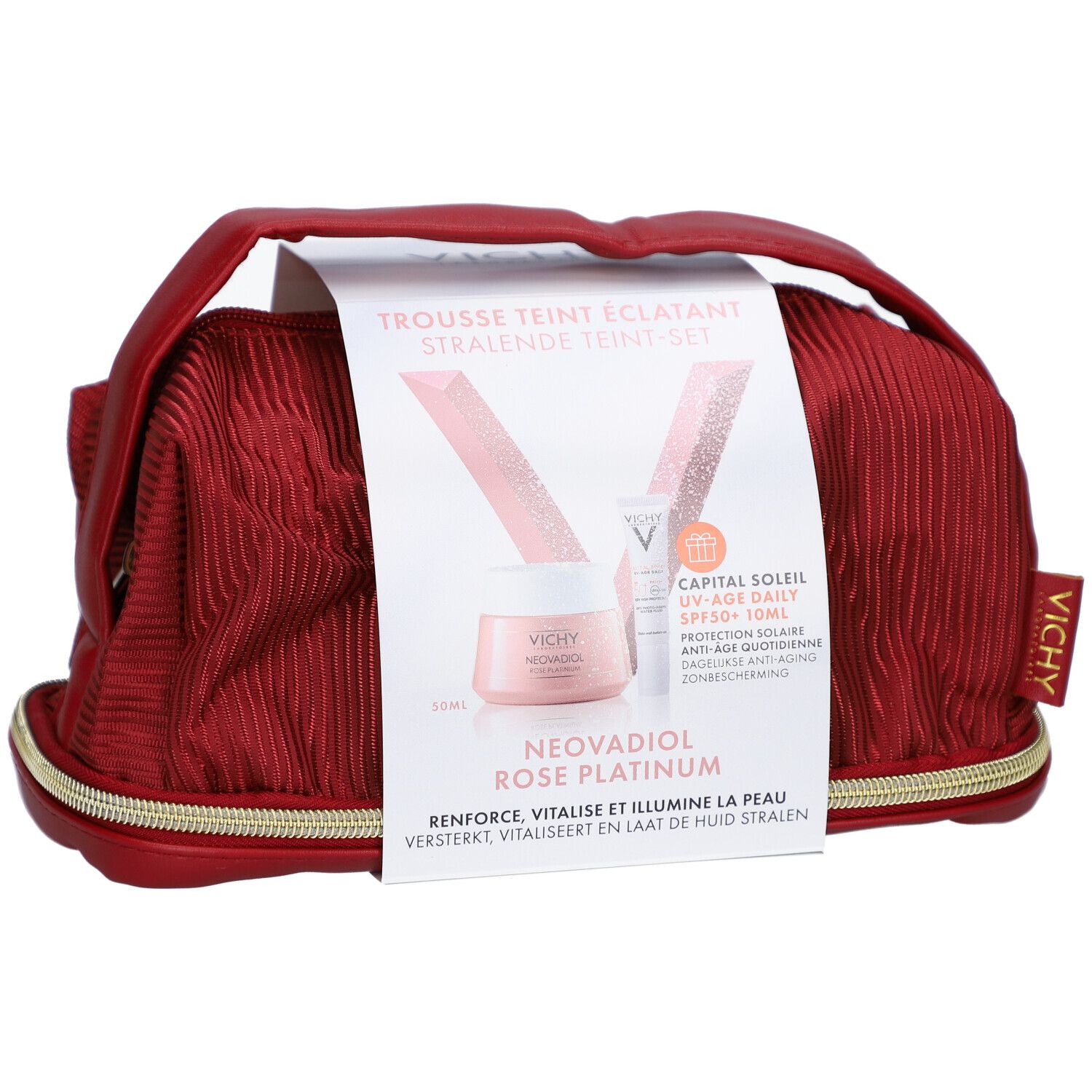 Trousse de toilette rouge avec fermeture éclair dorée. Contient des produits et une carte. Logo Vichy visible.