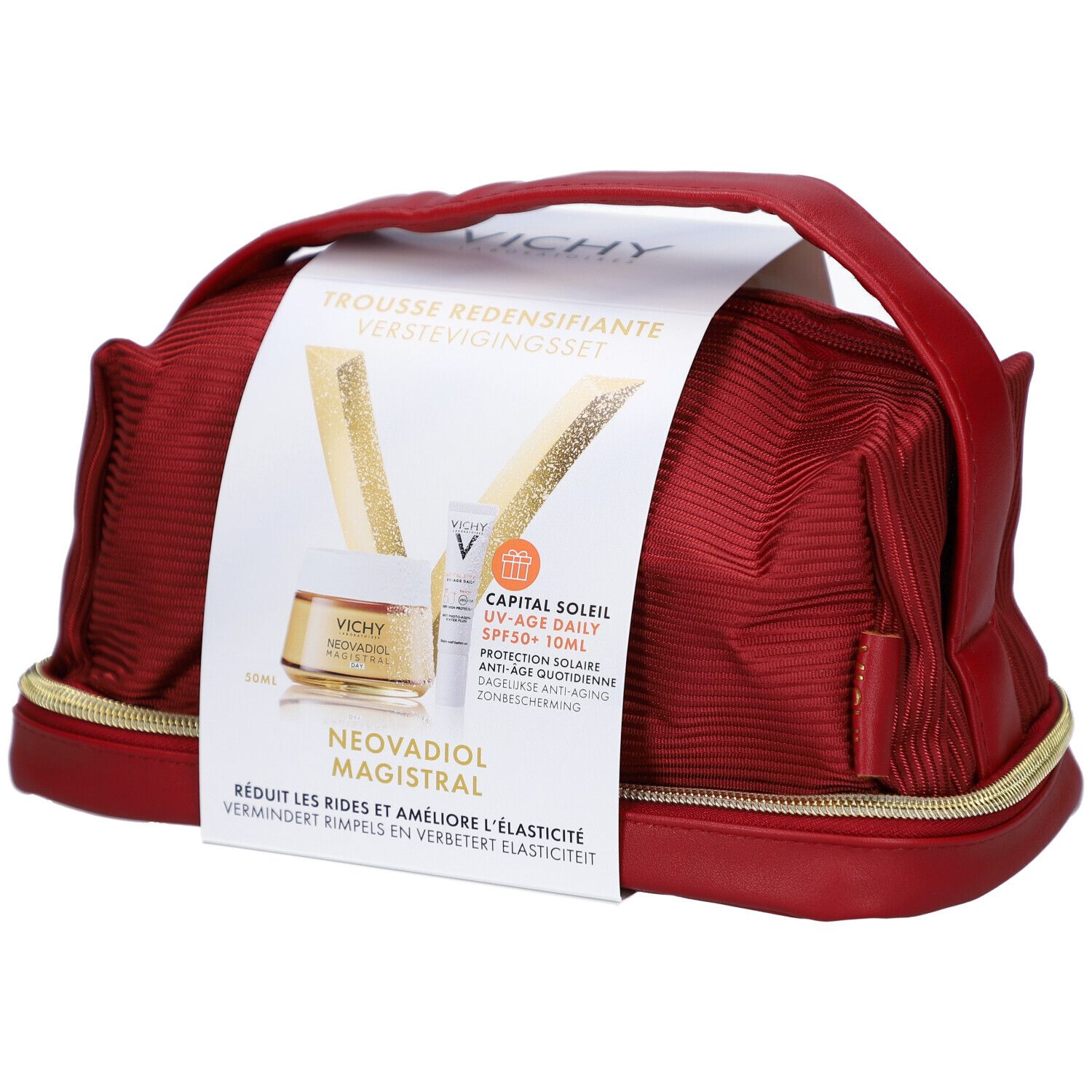 Rode toilettas met gouden rits. Bevat producten met Vichy-logo. Opschrift: Neovadiol Magistral.