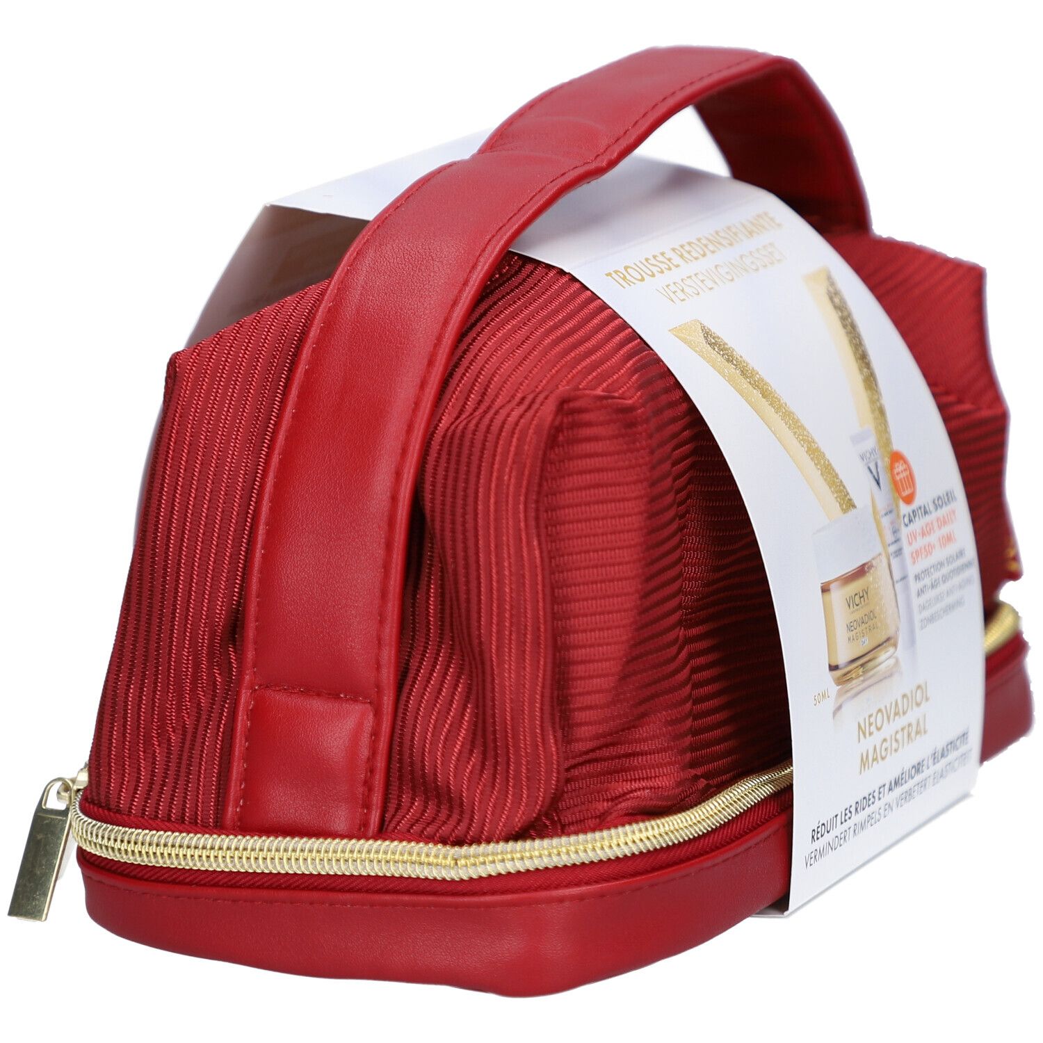 Rode toilettas met gouden rits. Vichy-logo op de verpakking. Opschrift: Neovadiol Magistral.