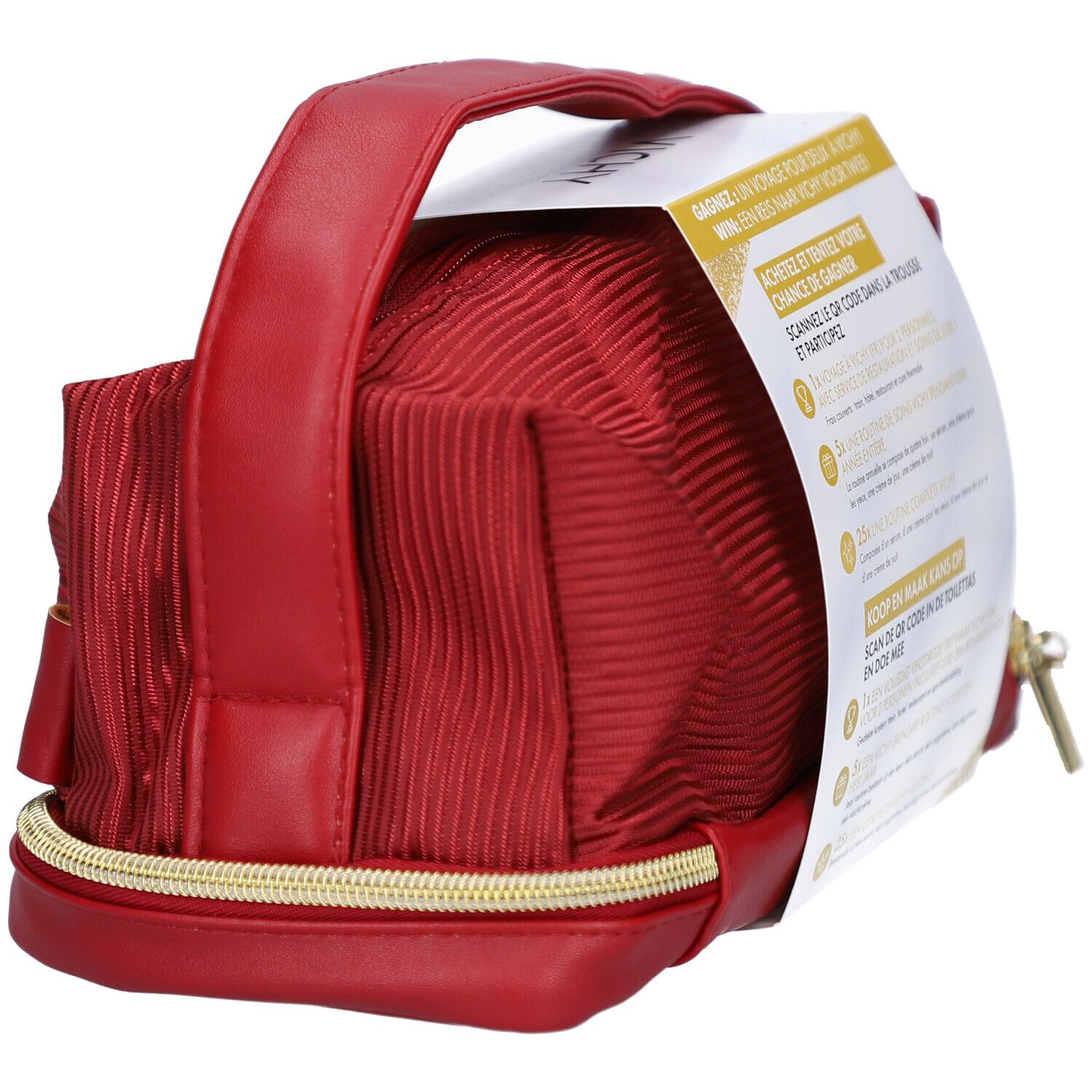 Rode toilettas met gouden rits. Informatie en QR-code op de verpakking.