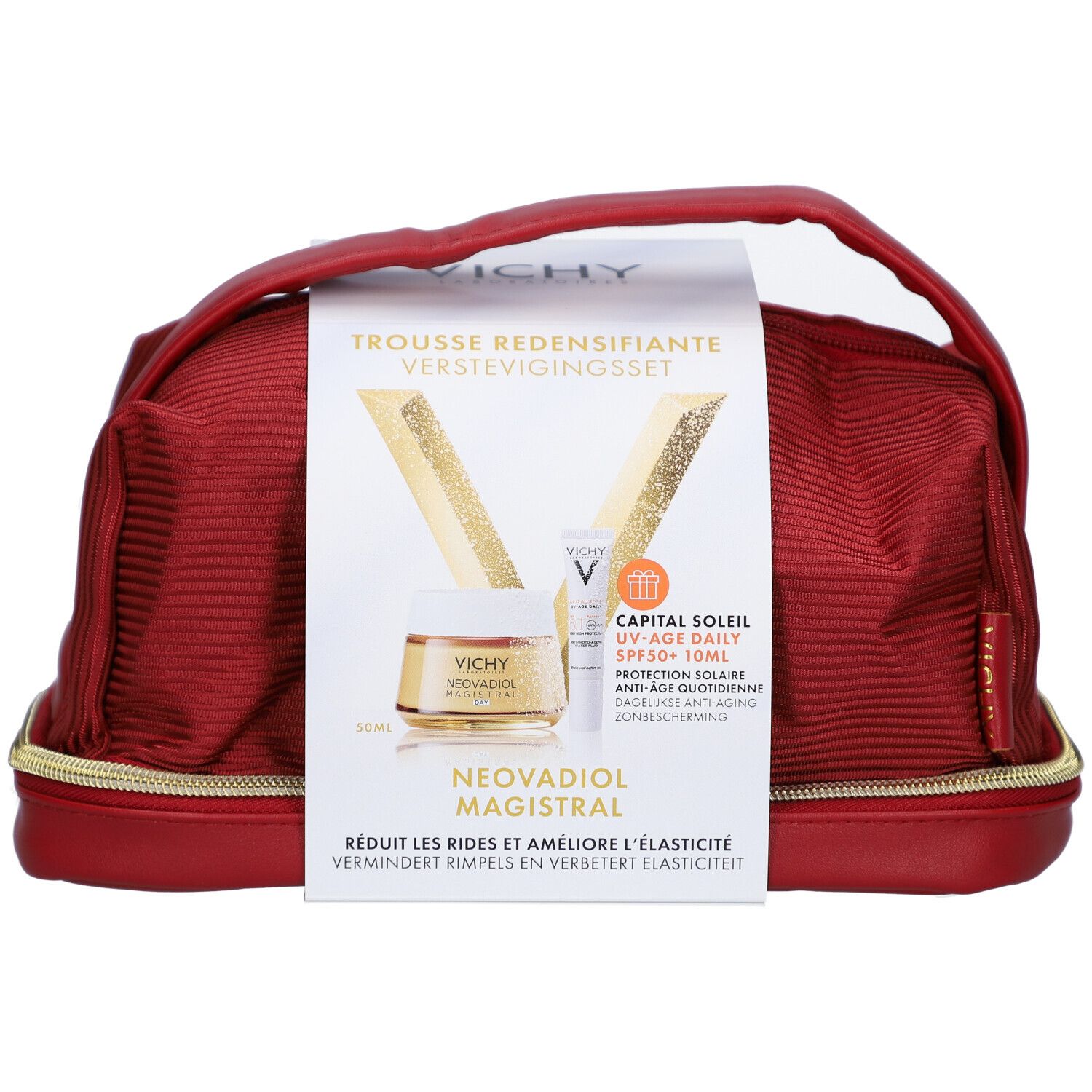 Rode toilettas met gouden rits. Bevat producten met Vichy-logo. Opschrift: Neovadiol Magistral.