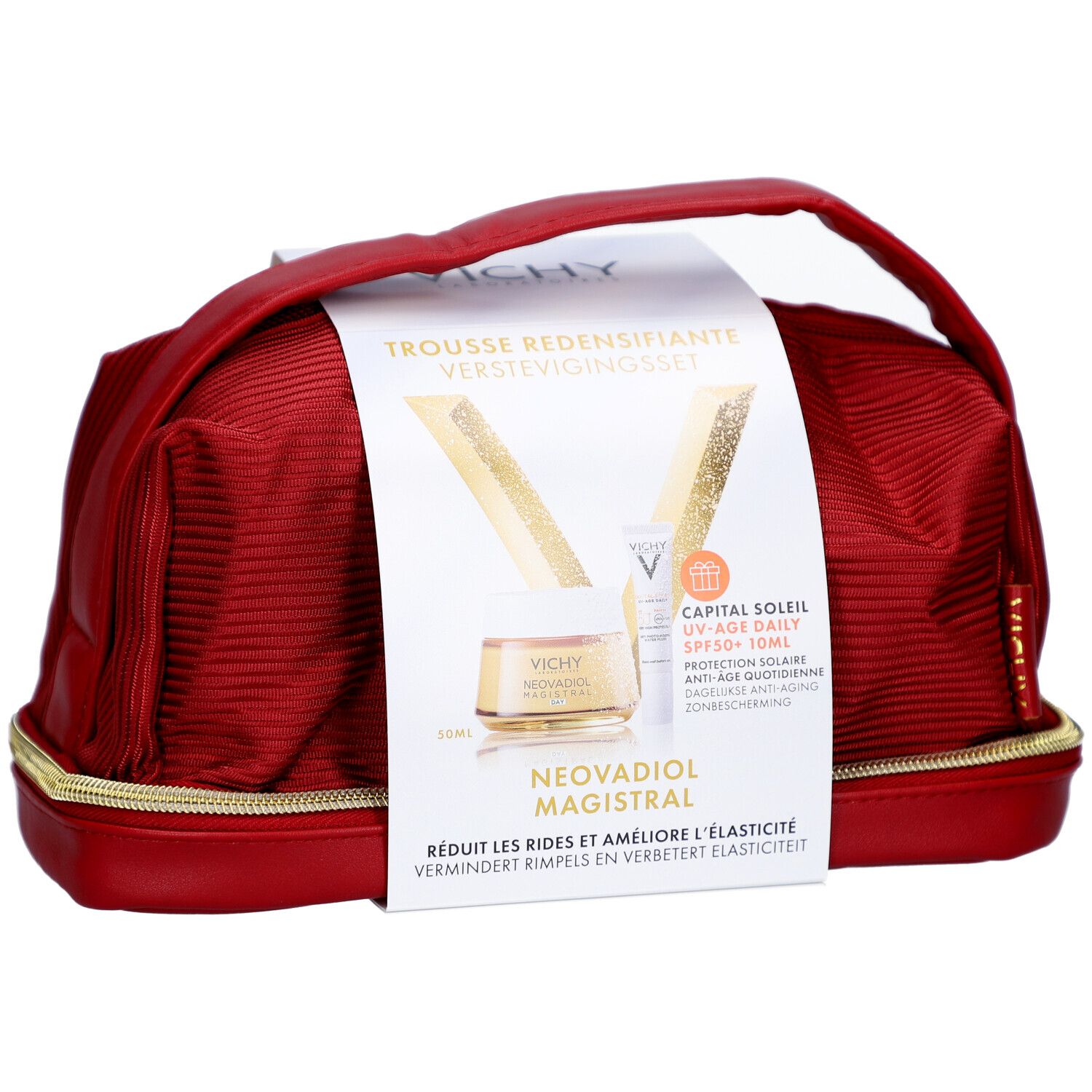 Rode toilettas met gouden rits. Bevat producten met Vichy-logo. Opschrift: Neovadiol Magistral.