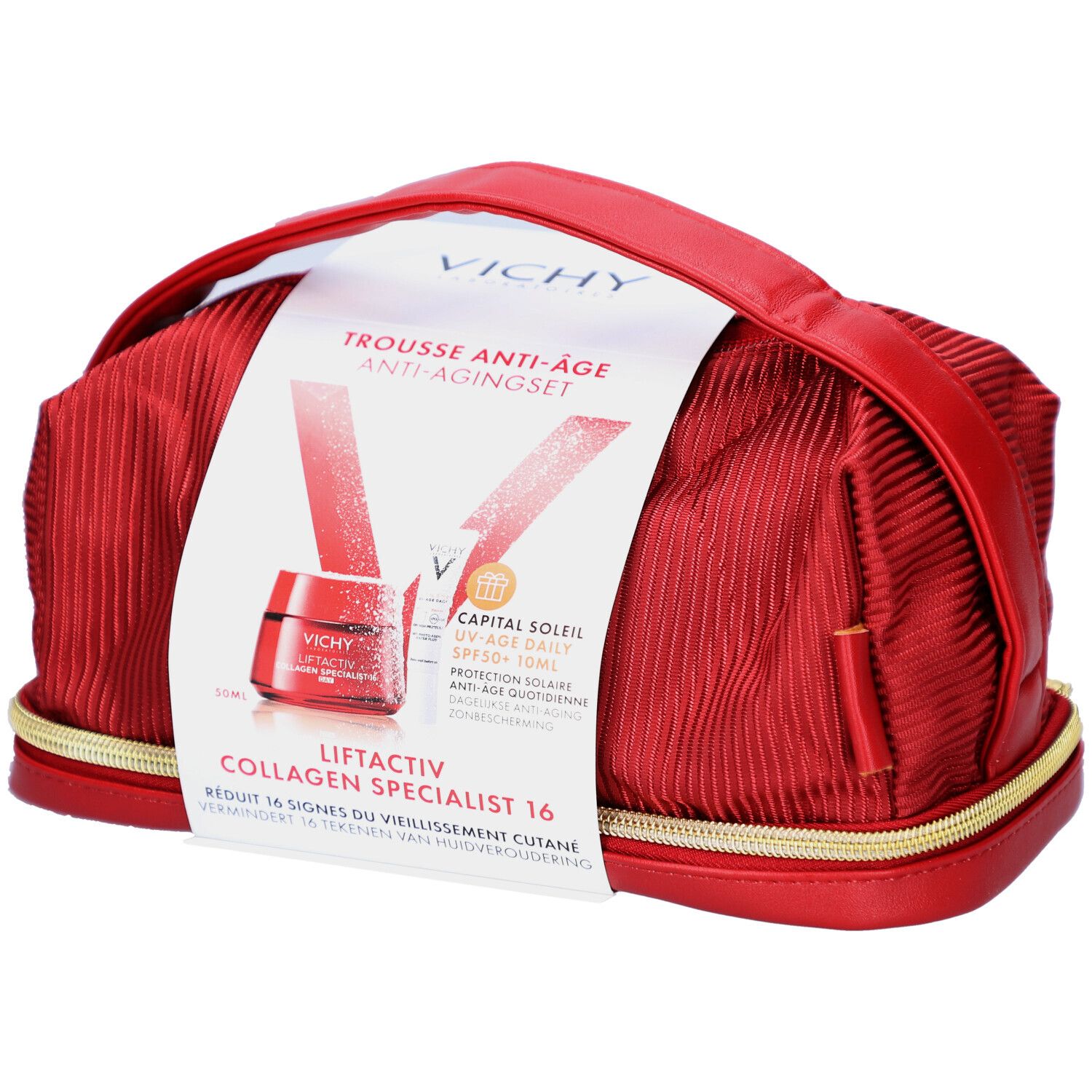 Trousse de maquillage rouge avec fermeture éclair dorée. Une étiquette avec des informations sur le produit est visible.