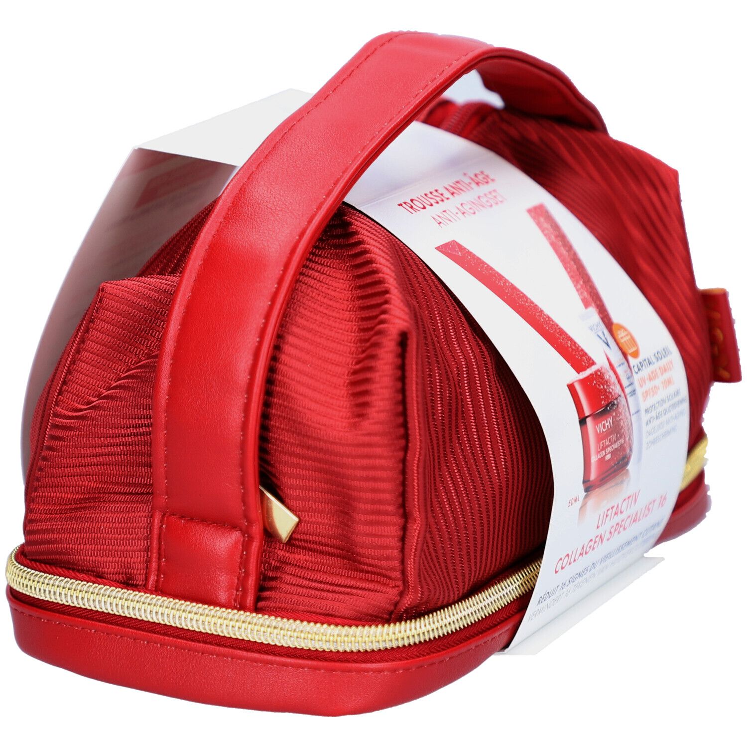 Trousse de maquillage rouge avec fermeture éclair dorée. Vue latérale avec étiquette.