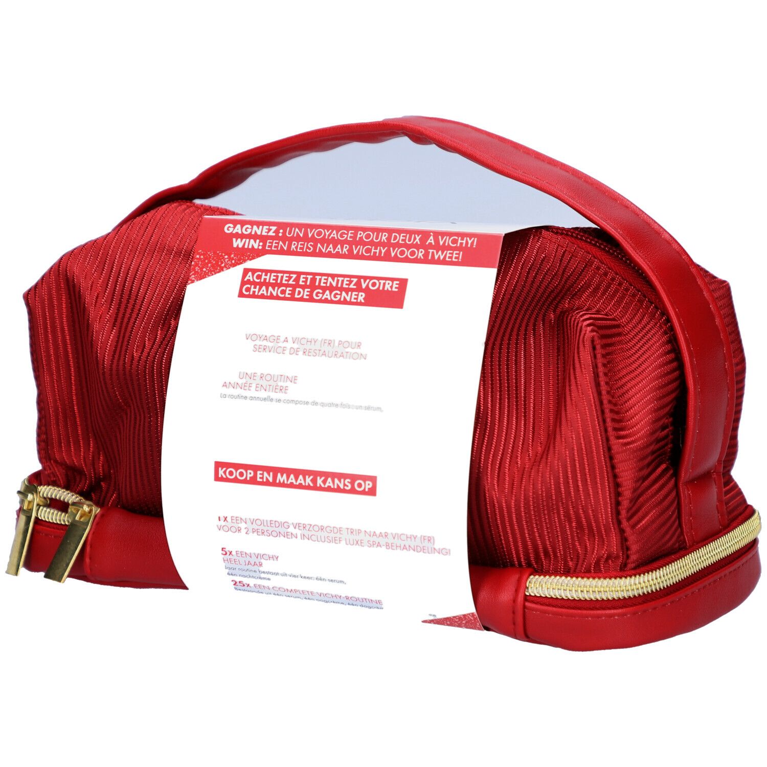Trousse de maquillage rouge avec fermeture éclair dorée. Une étiquette promotionnelle est visible.