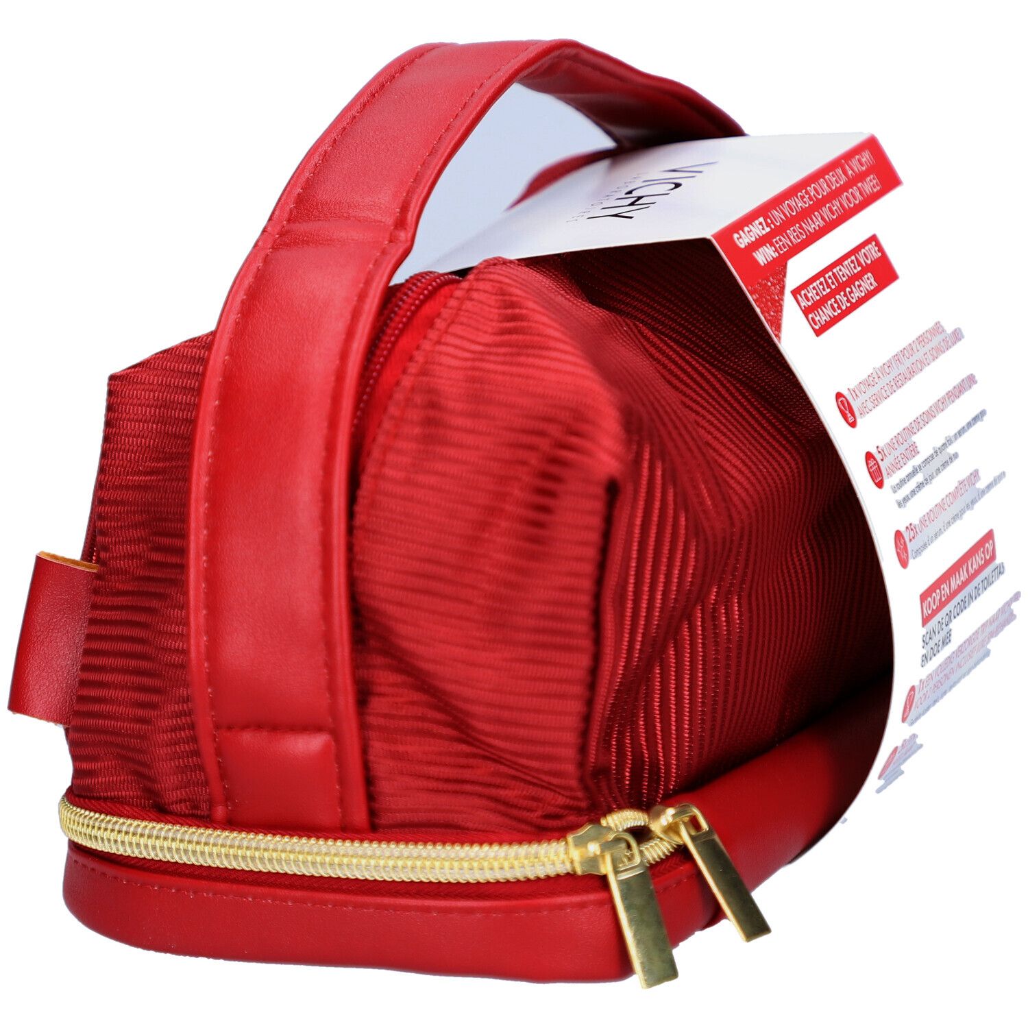 Trousse de maquillage rouge avec fermeture éclair dorée. Vue latérale avec étiquette promotionnelle.