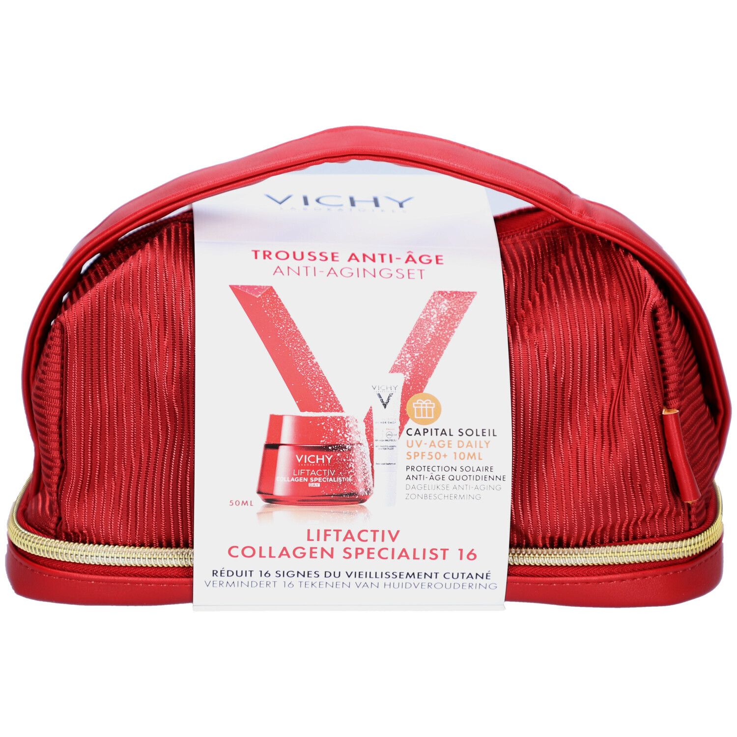 Trousse de maquillage rouge avec fermeture éclair dorée. Une étiquette avec des informations sur le produit est visible.