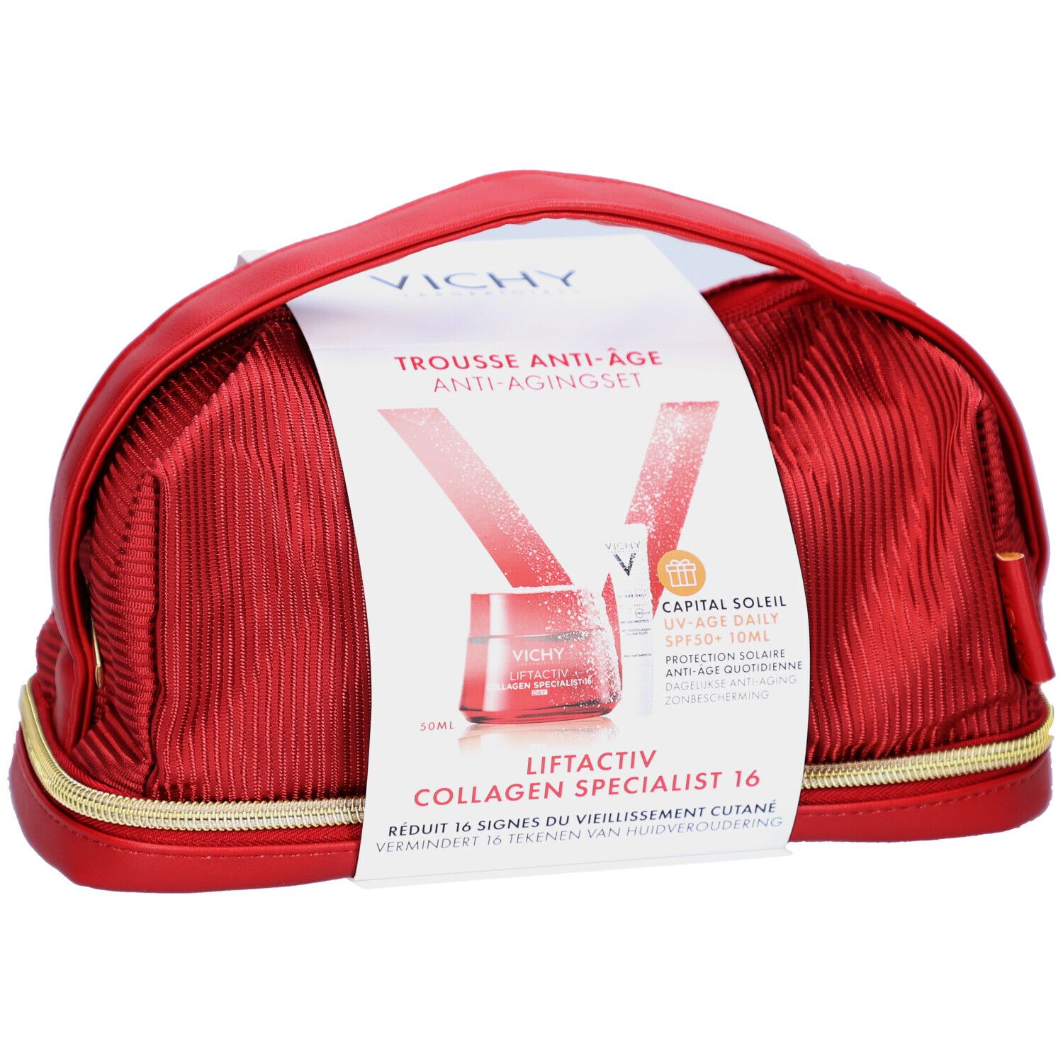 Trousse de maquillage rouge avec fermeture éclair dorée. Une étiquette avec des informations sur le produit est visible.