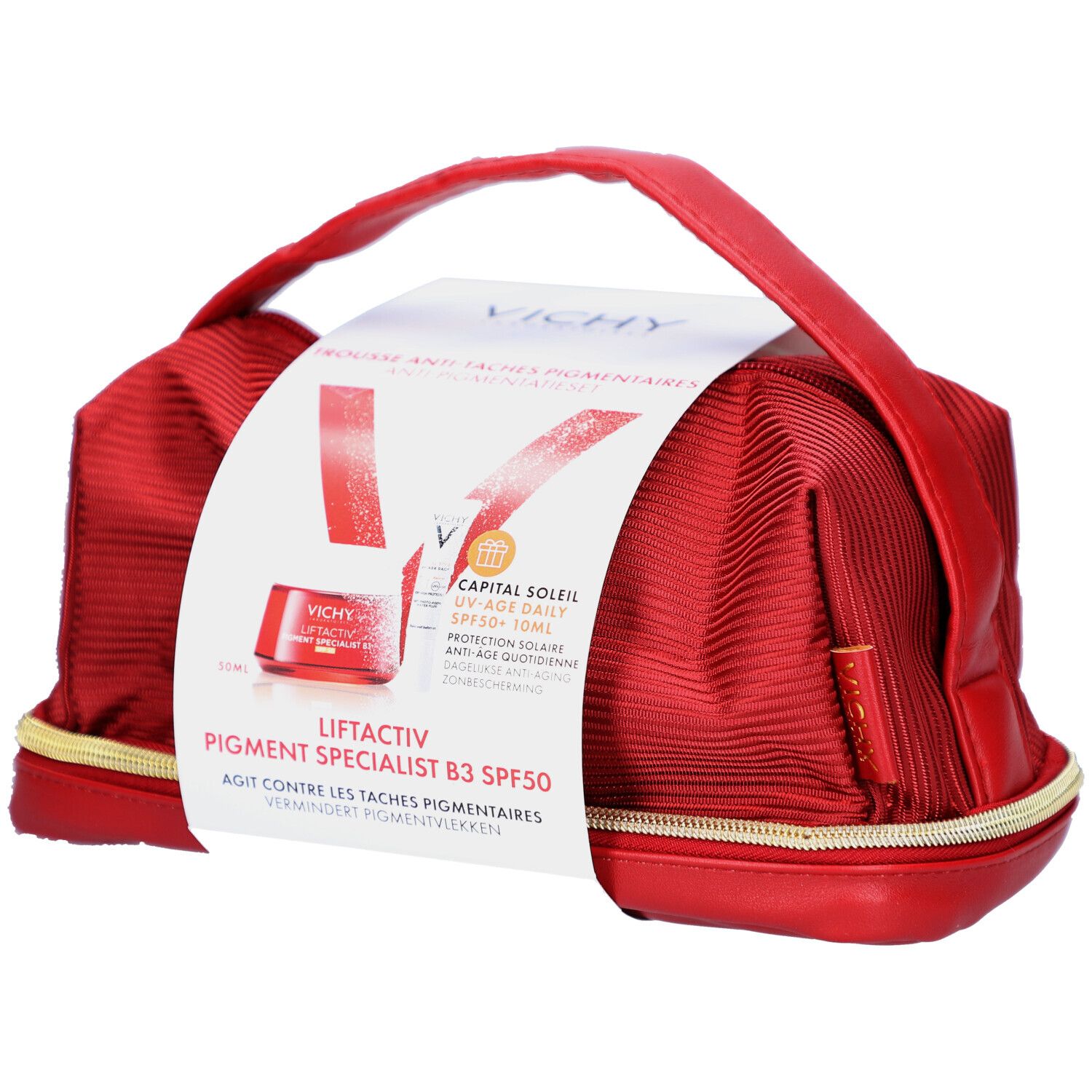 Trousse de maquillage rouge avec fermeture éclair dorée et poignée. Emballage du produit avec nom et logo.