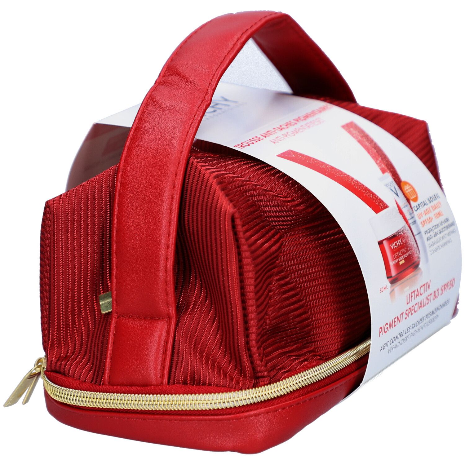 Trousse de maquillage rouge avec fermeture éclair dorée et poignée. Emballage du produit avec nom et logo.