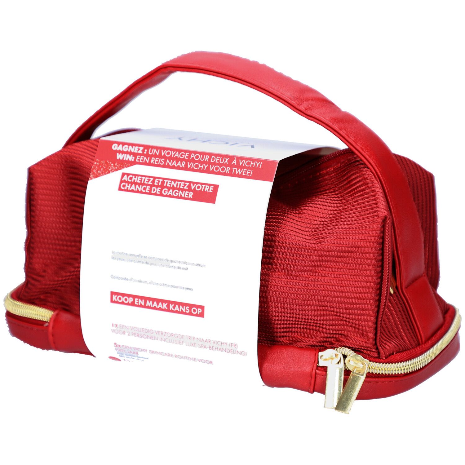 Trousse de maquillage rouge avec fermeture éclair dorée et poignée. Emballage du produit avec nom et logo.