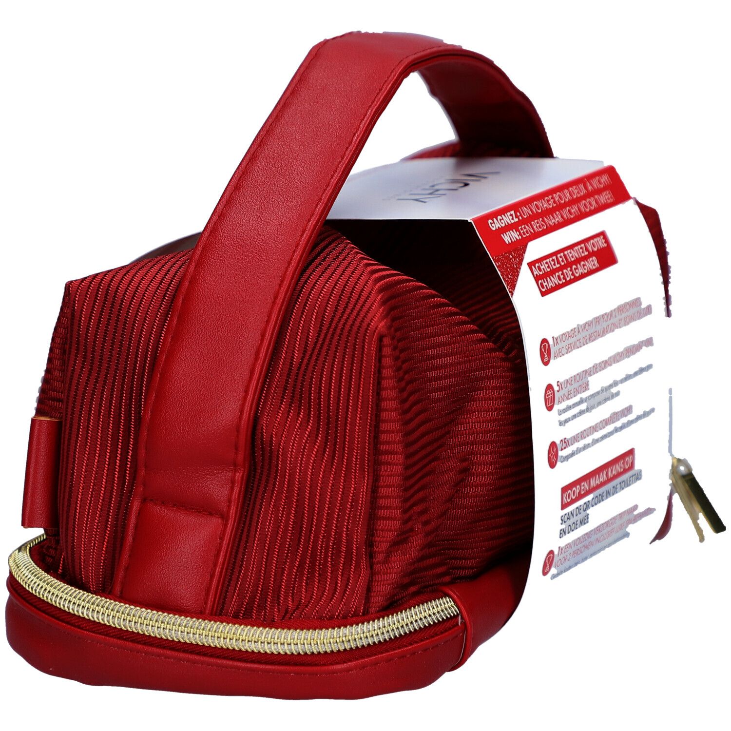 Trousse de maquillage rouge avec fermeture éclair dorée et poignée. Emballage du produit avec nom et logo.