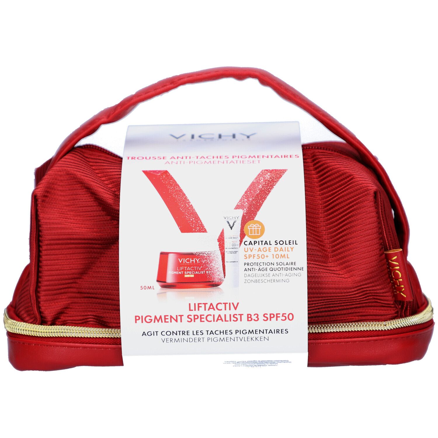 Trousse de maquillage rouge avec fermeture éclair dorée et poignée. Emballage du produit avec nom et logo.