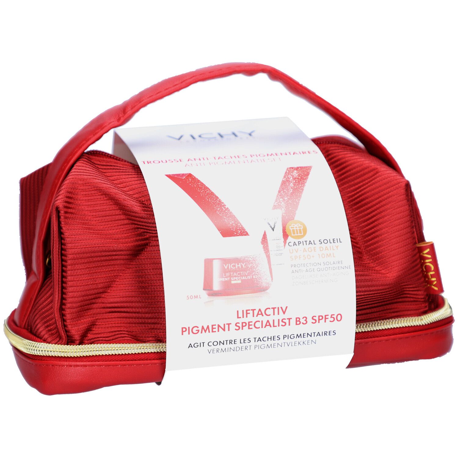 Trousse de maquillage rouge avec fermeture éclair dorée et poignée. Emballage du produit avec nom et logo.