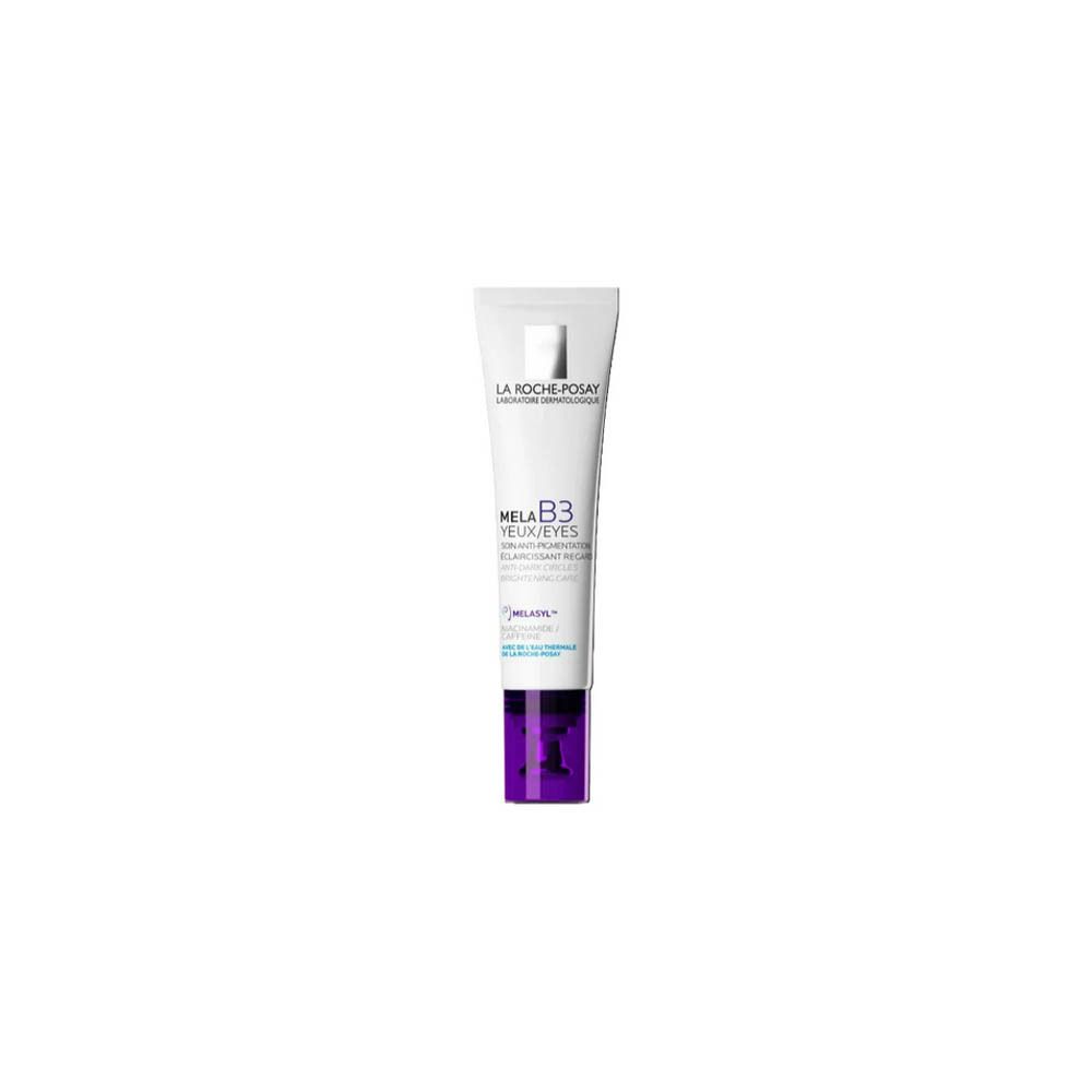 Tube blanc avec bouchon violet. Inscription: La Roche-Posay, Mela B3 Yeux. Texte: Correcteur intensif anti-cernes, anti-rides.