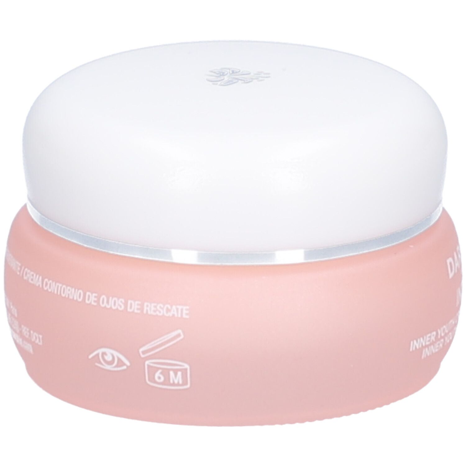 Pot rose avec couvercle blanc. Inscription: Inner Youth Augencreme. Symbole 6M.