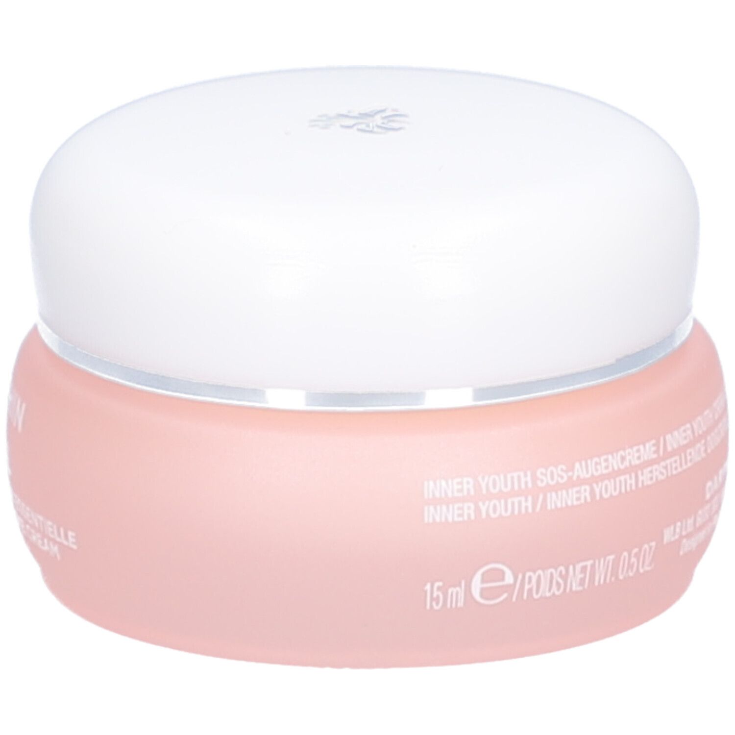 Pot rose avec couvercle blanc. Inscription: Inner Youth Augencreme. 15 ml.