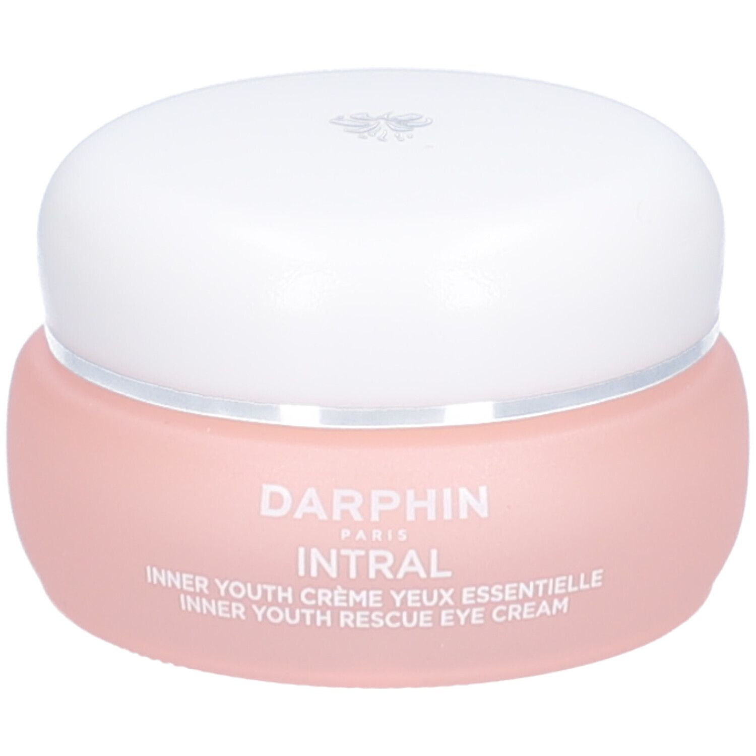 Pot rose avec couvercle blanc. Inscription: Darphin Intral Crème Yeux. Logo.