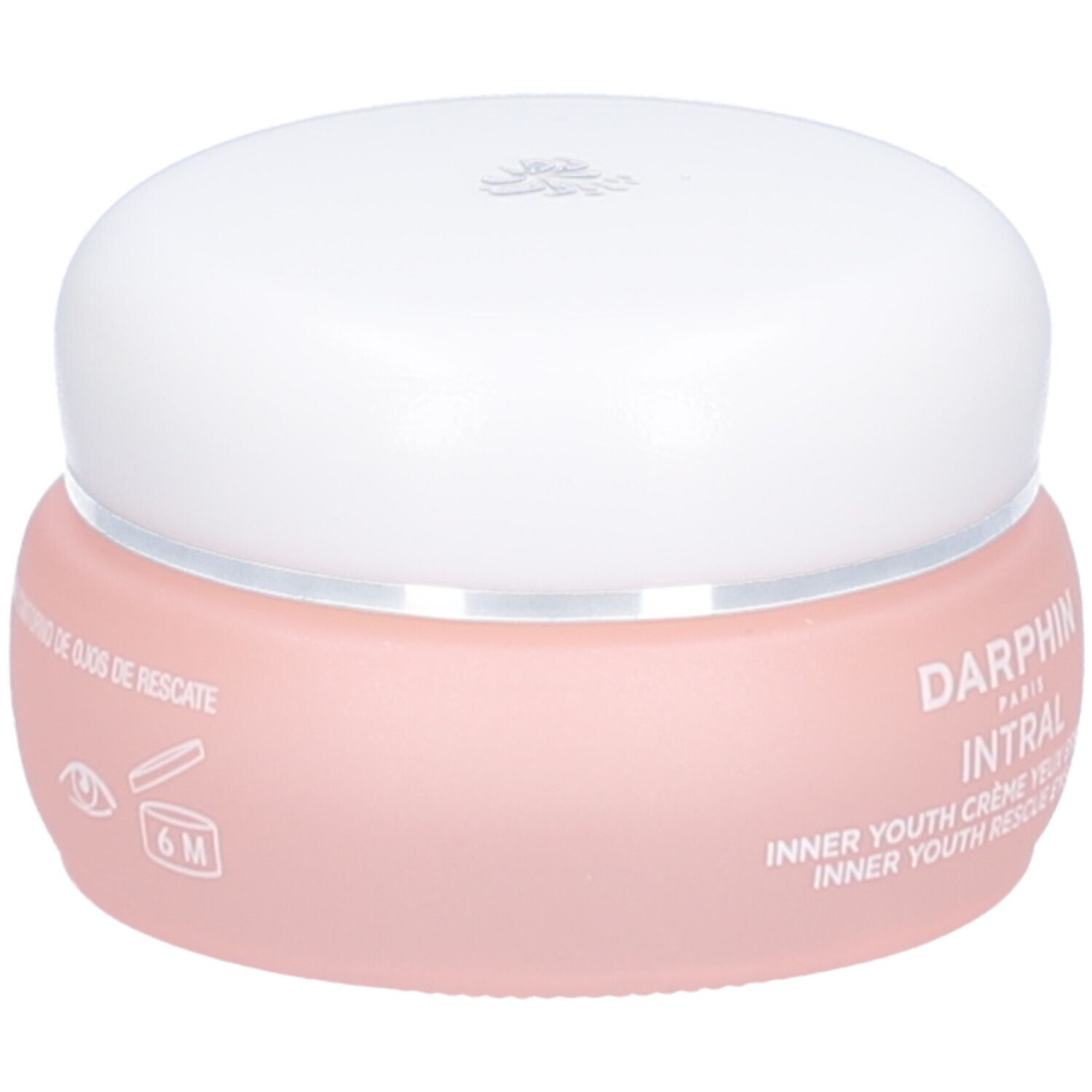 Pot rose avec couvercle blanc. Inscription: Inner Youth Augencreme. Symbole 6M.