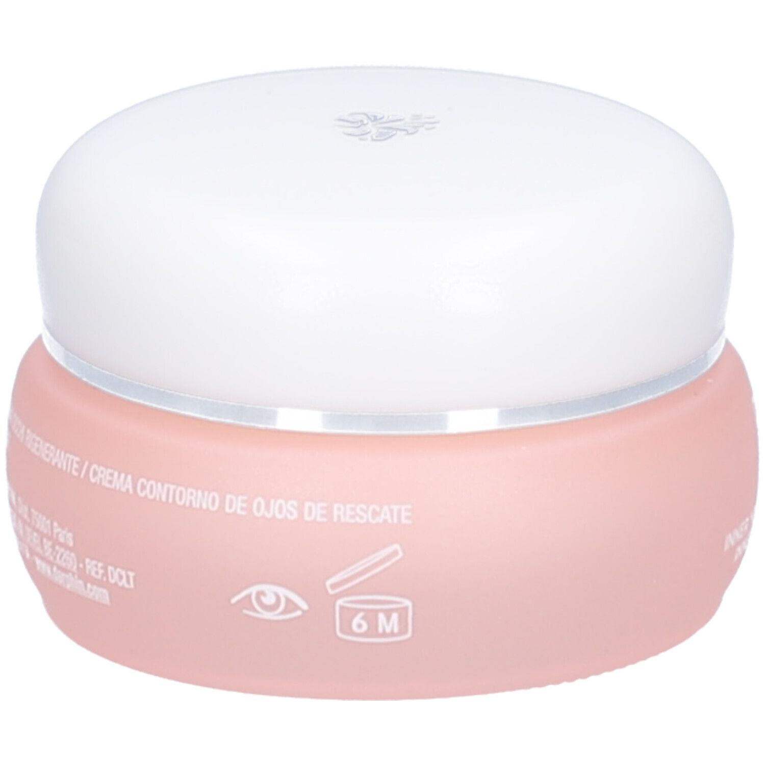 Pot rose avec couvercle blanc. Inscription: Inner Youth Augencreme. Symbole 6M.