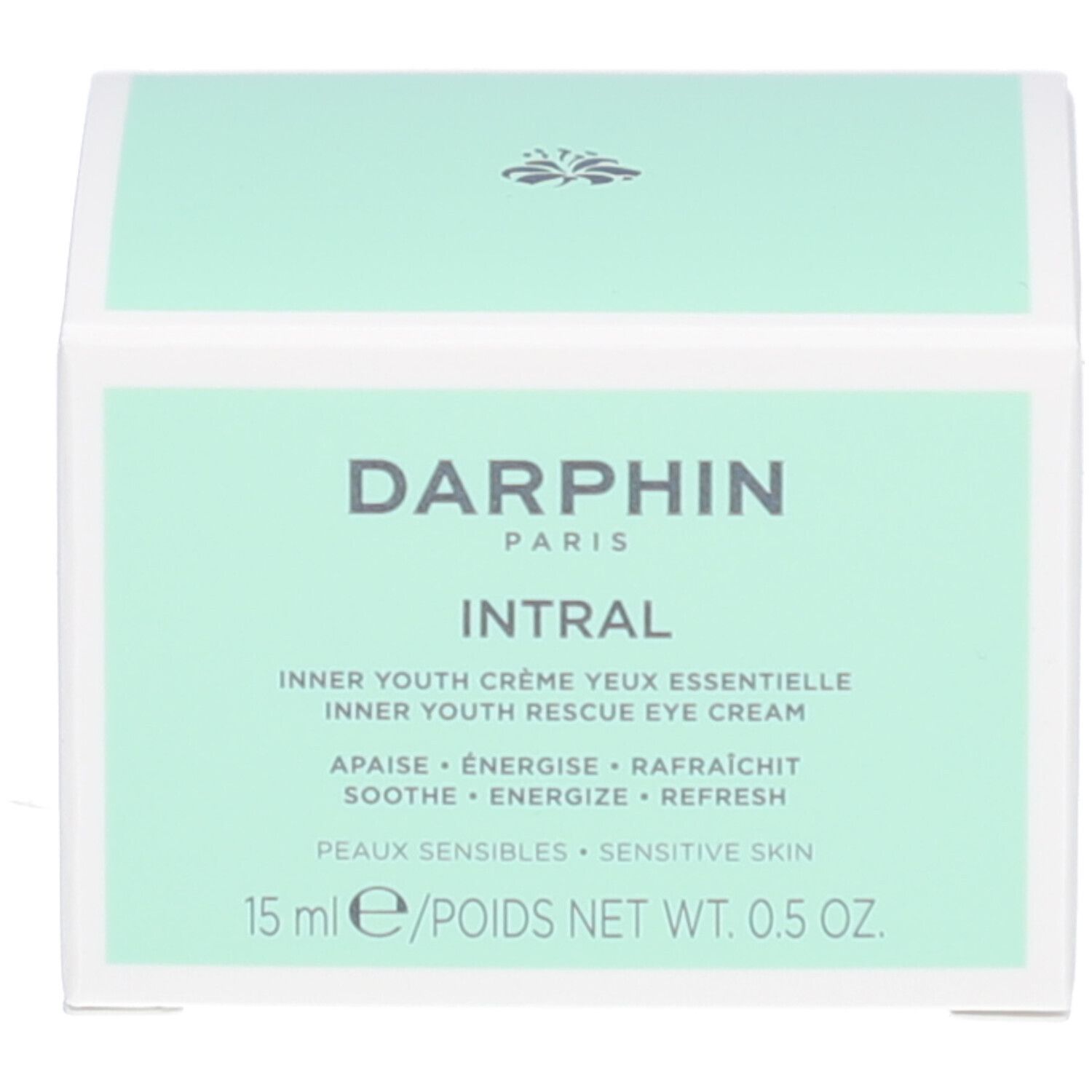 Boîte verte avec texte blanc. Inscription: Darphin Intral Crème Yeux. 15 ml.