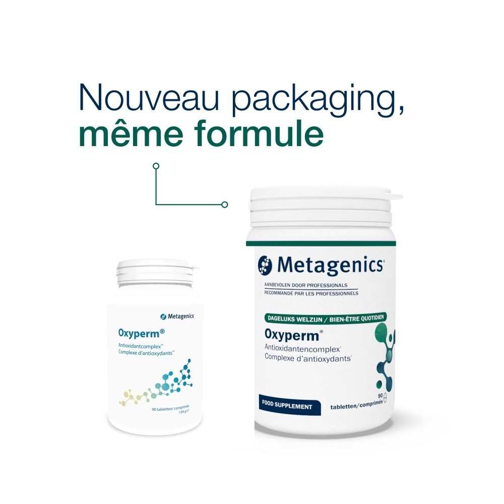 Deux flacons blancs Oxyperm. Un petit et un grand. Texte: Nouveau packaging, même formule.