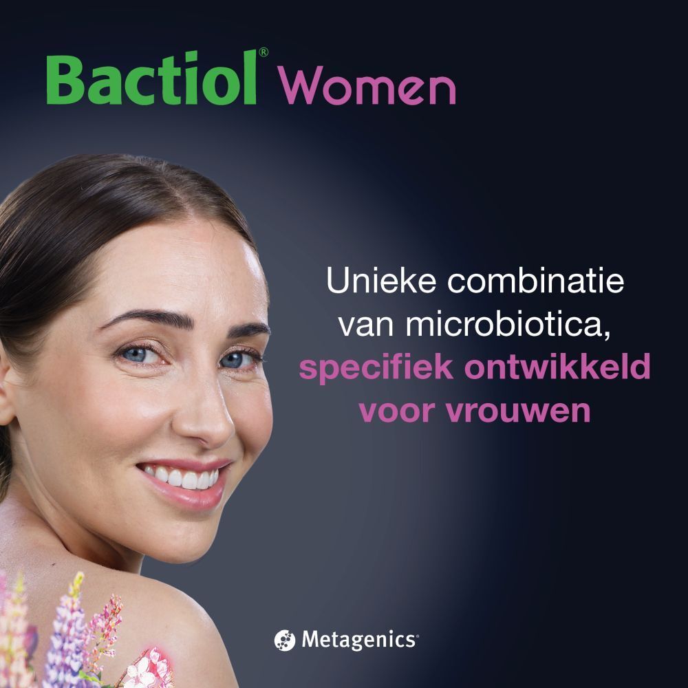 Portret van een vrouw. Tekst: Combinatie van microbiotica, speciaal ontwikkeld voor vrouwen.