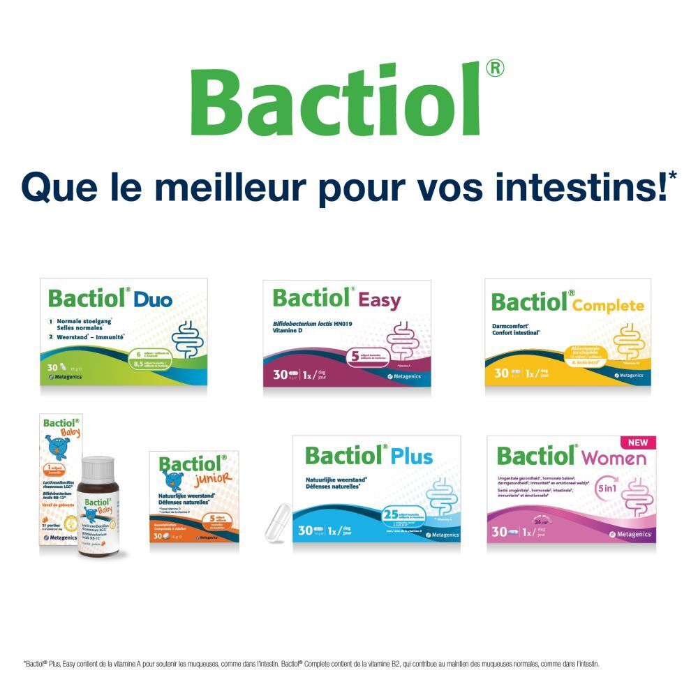 Différents produits Bactiol. Contient Bactiol Duo, Easy, Complete, Baby, Junior, Plus et Women.