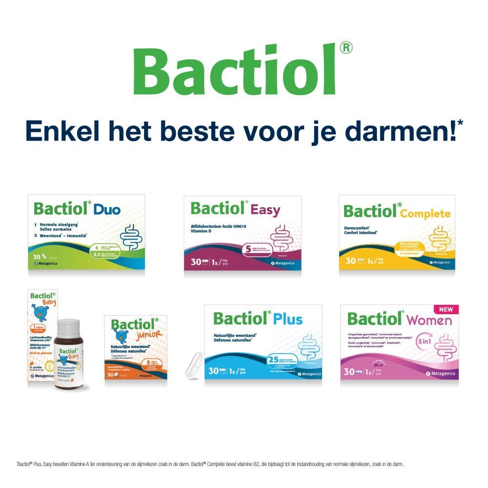 Verschillende Bactiol producten. Bevat Bactiol Duo, Easy, Complete, Baby, Junior, Plus en Women.