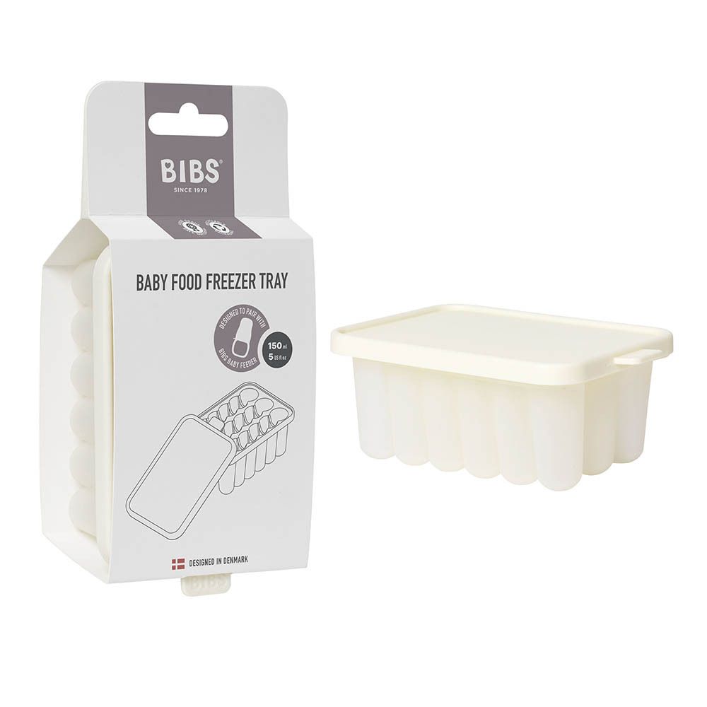BIBS Baby Food Freezer Tray en verpakking. Witte container met deksel, naast open doos. Logo zichtbaar.